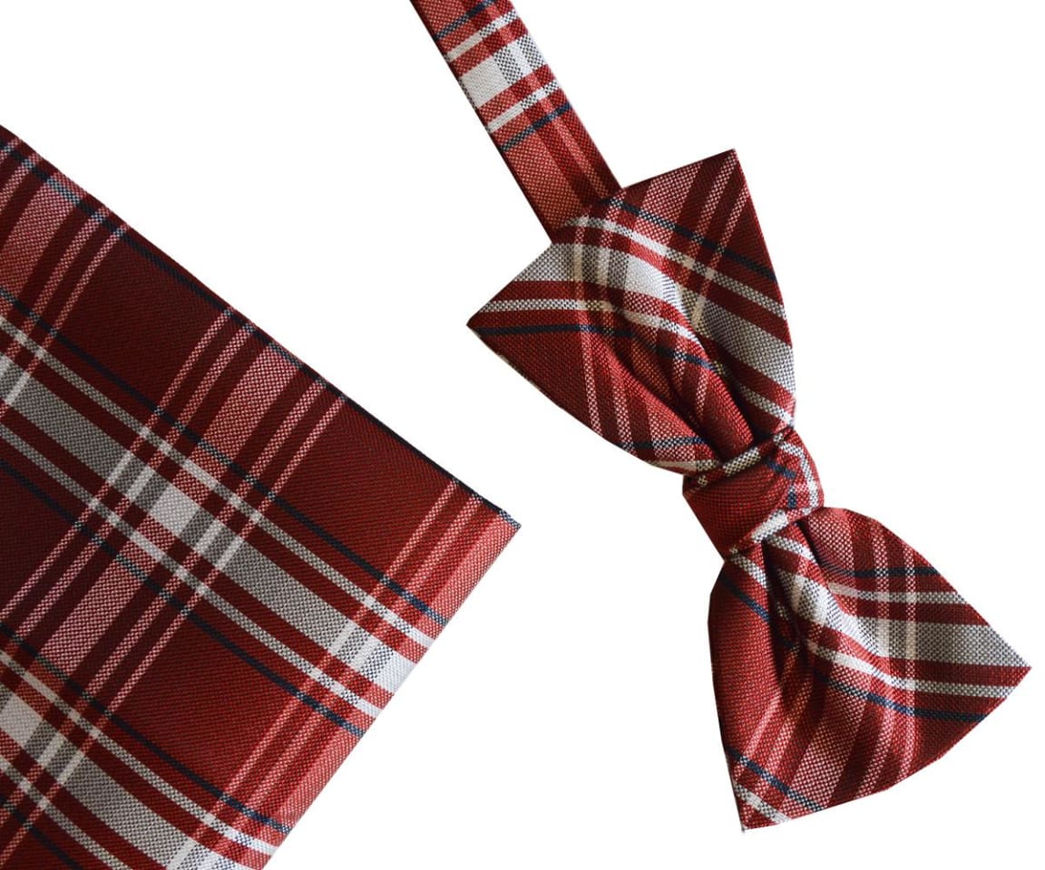 Stylish L.A. Smith Polyester Red Check Bow Tie and Pocket Square Set - Perfect for Weddings, Prom & Formal Events