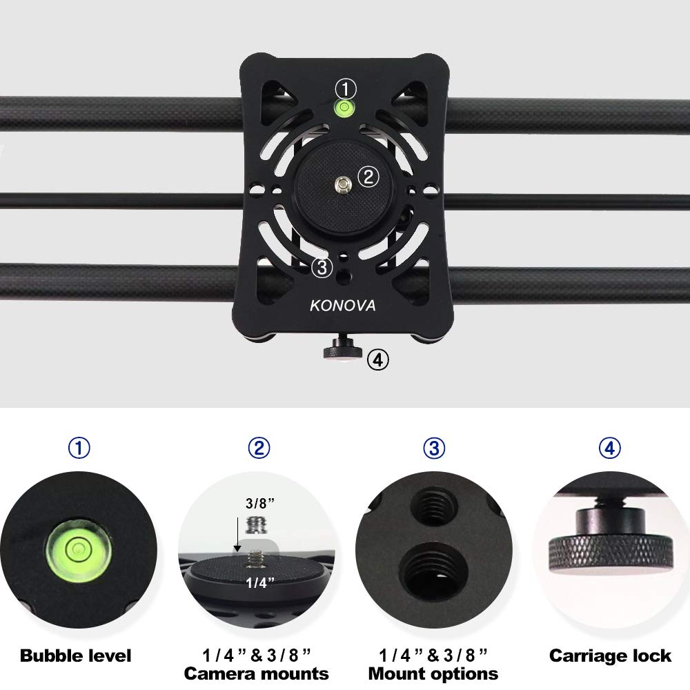 KONOVA P1 Series 60cm Carbon Fiber Camera Slider Dolly - Smooth Parallax & Panoramic Shots for DSLR, Mirrorless & Smartphones - Includes Carrying Bag - Perfect for Vlogging, Film Making & Professional Photography