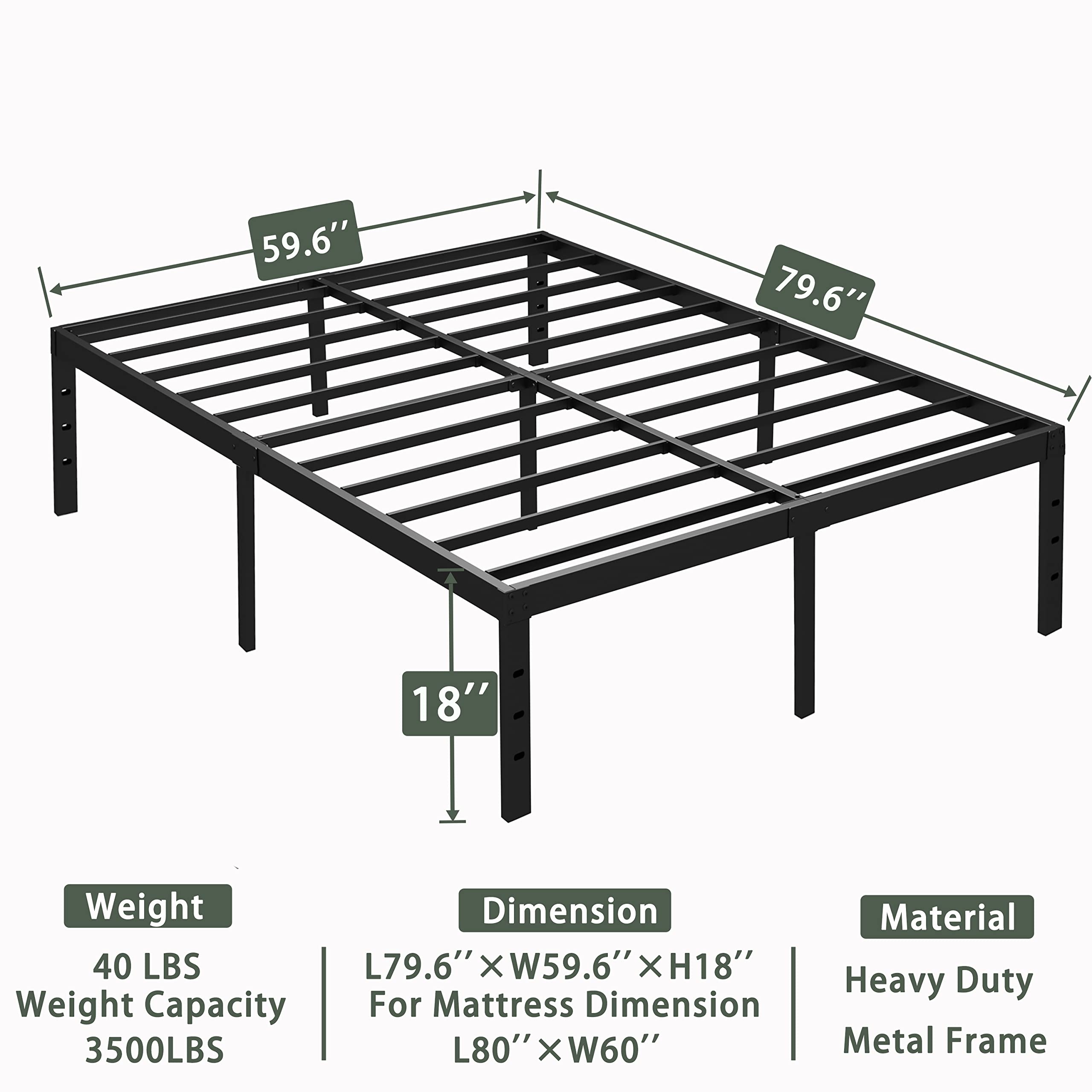 18 Inch Queen Bed Frame Metal - Sturdy Platform Bed Frame Queen Size, No Box Spring Needed, Easy Assembly, Heavy Duty & Noise Free - Perfect for Bedrooms, Guest Rooms & Apartments