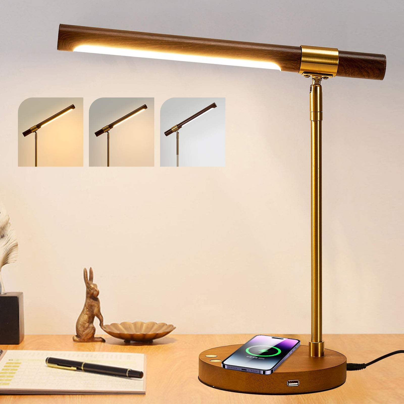 Wood Grain LED Desk Lamp with Wireless Charger & USB Port - Adjustable Touch Control Office Light for Home, Study & Bedroom - Eye-Caring Night Light for Reading & Working