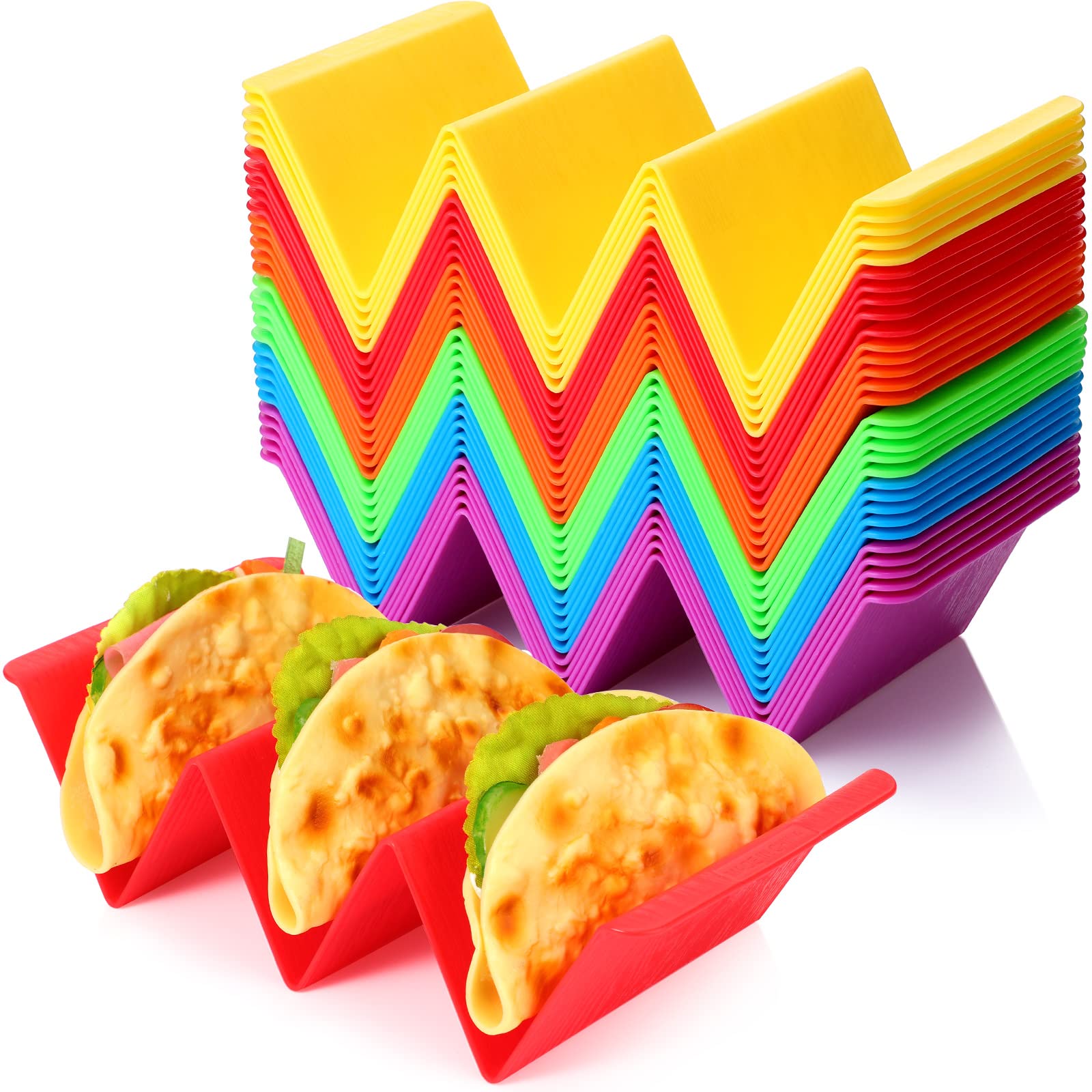 Nuogo 30-Pack Colorful Plastic Taco Holder Stand - Large Taco Tray Plates Holds 2-3 Tacos Each, Sturdy Tortilla Rack Server for Parties, Dishwasher & Microwave Safe - Perfect for Taco Tuesday, Mexican Fiesta & Family Gatherings