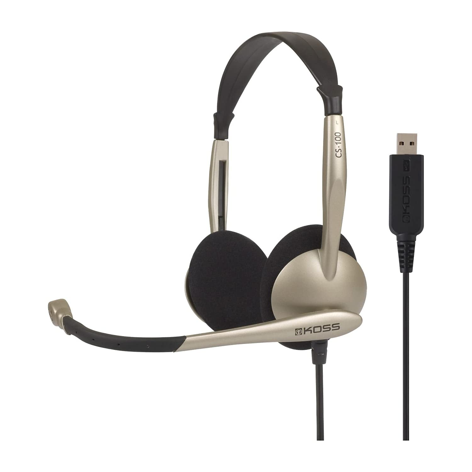 Koss CS100 USB On-Ear Headset with Noise-Canceling Boom Mic - Lightweight Comfortable Design (Black/Beige) for Office Calls, Gaming & Remote Work