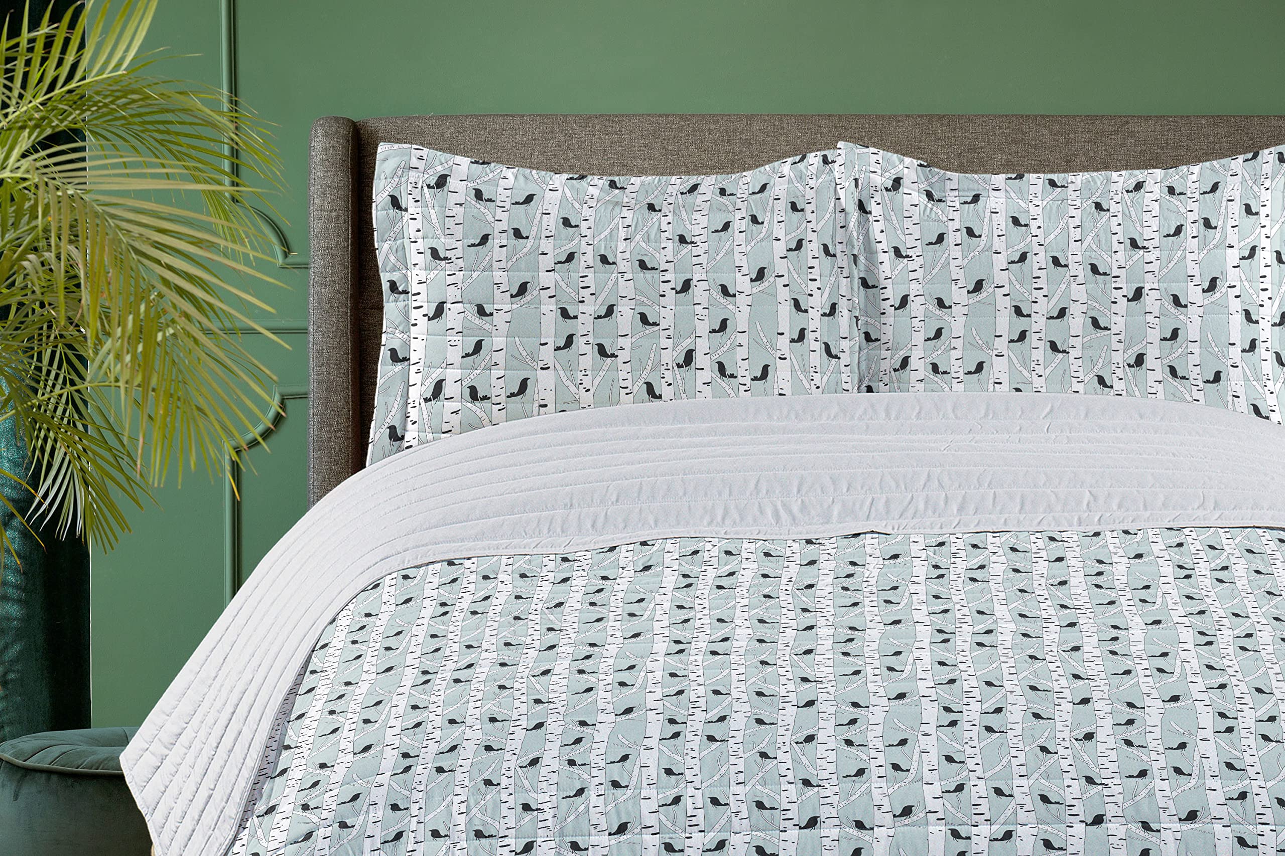 Ambesonne Woodland King Size Microfiber Bedspread Set - Nature Inspired Bird Silhouettes on Birch Trees Design, Soft Comforter with Pillow Shams, Pale Blue & White - Perfect for Cozy Bedroom Decor, Guest Room or Cabin Retreat