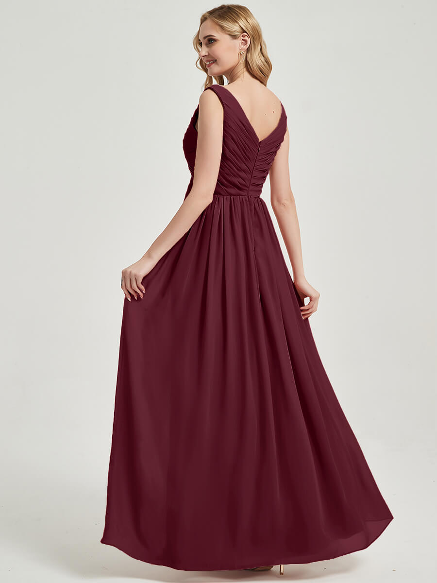 Elegant Burgundy V-Neck Sleeveless Floor-Length Chiffon Bridesmaid Dress for Weddings & Formal Events