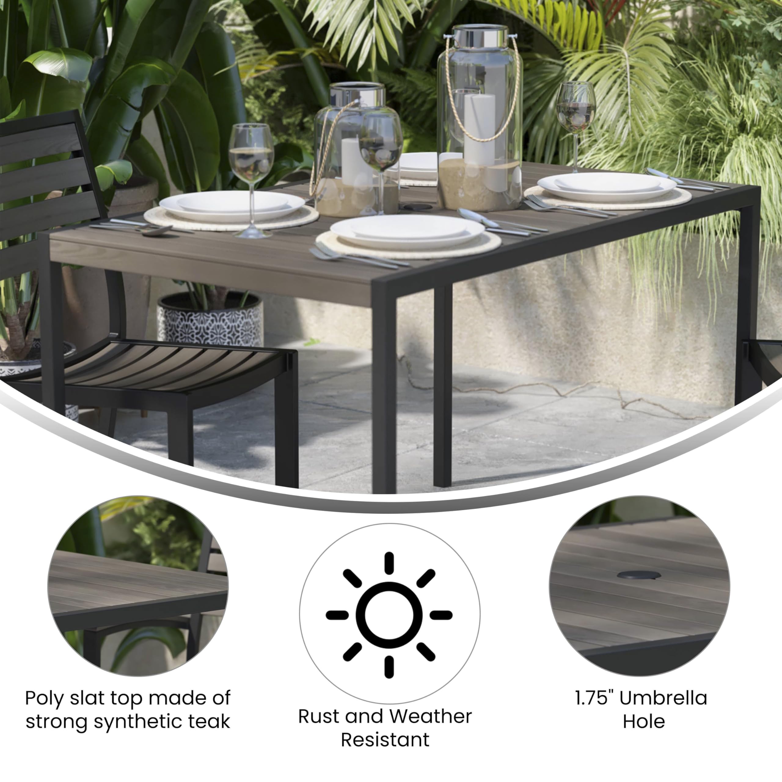 Flash Furniture Lark Commercial Outdoor Steel Dining Table with Umbrella Hole - Gray Wash Faux Teak Poly Slatted Top - Black Frame - 30x48 Inch - Seats 4 Adults - Perfect for Patio, Backyard, Restaurant Outdoor Dining