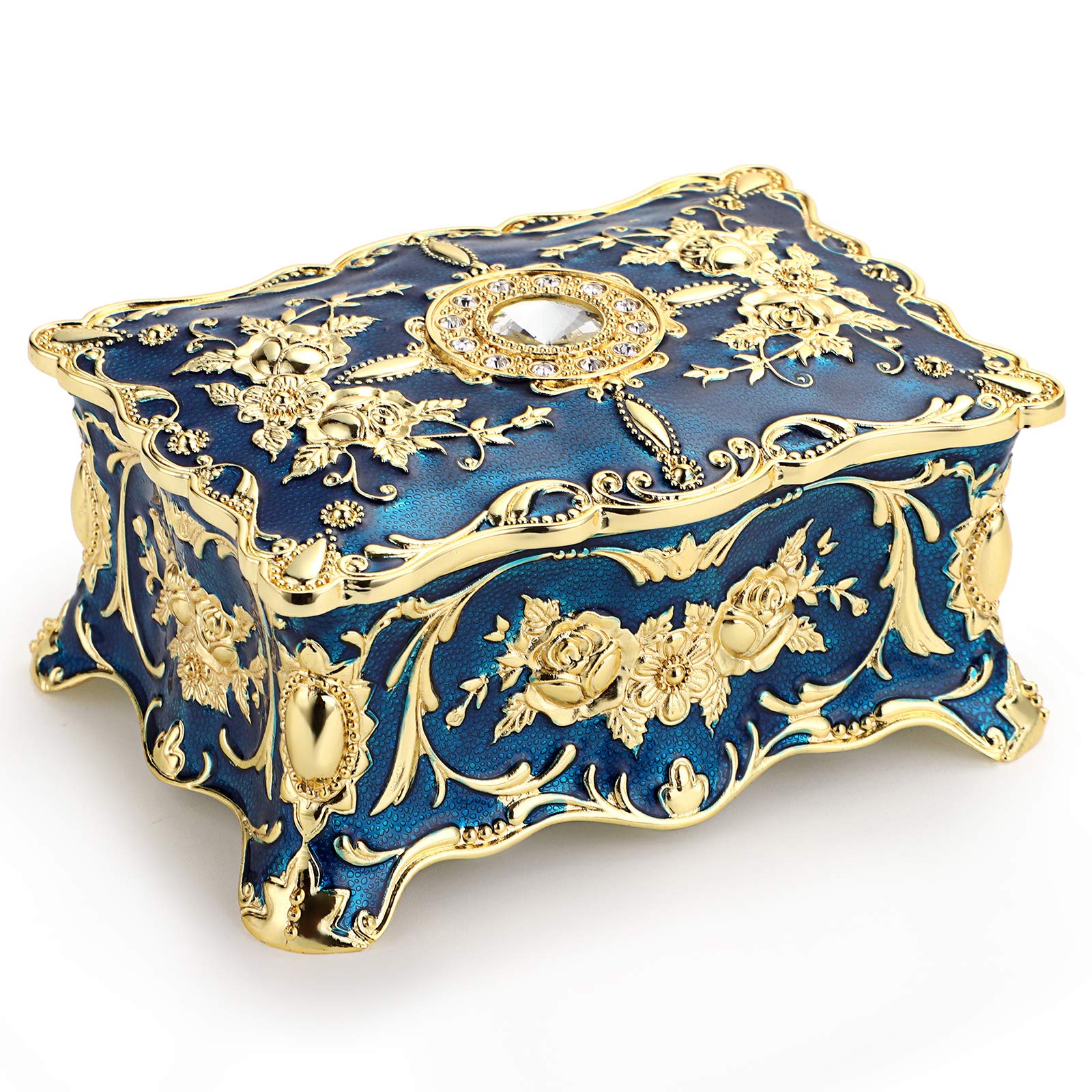 Vintage Rectangular Jewelry Box - Small Enameled Trinket Organizer with 2 Layers, Decorative Treasure Chest Keepsake Gift Box for Women & Girls (Blue, Medium) | Perfect for Jewelry Storage, Travel & Home Decor