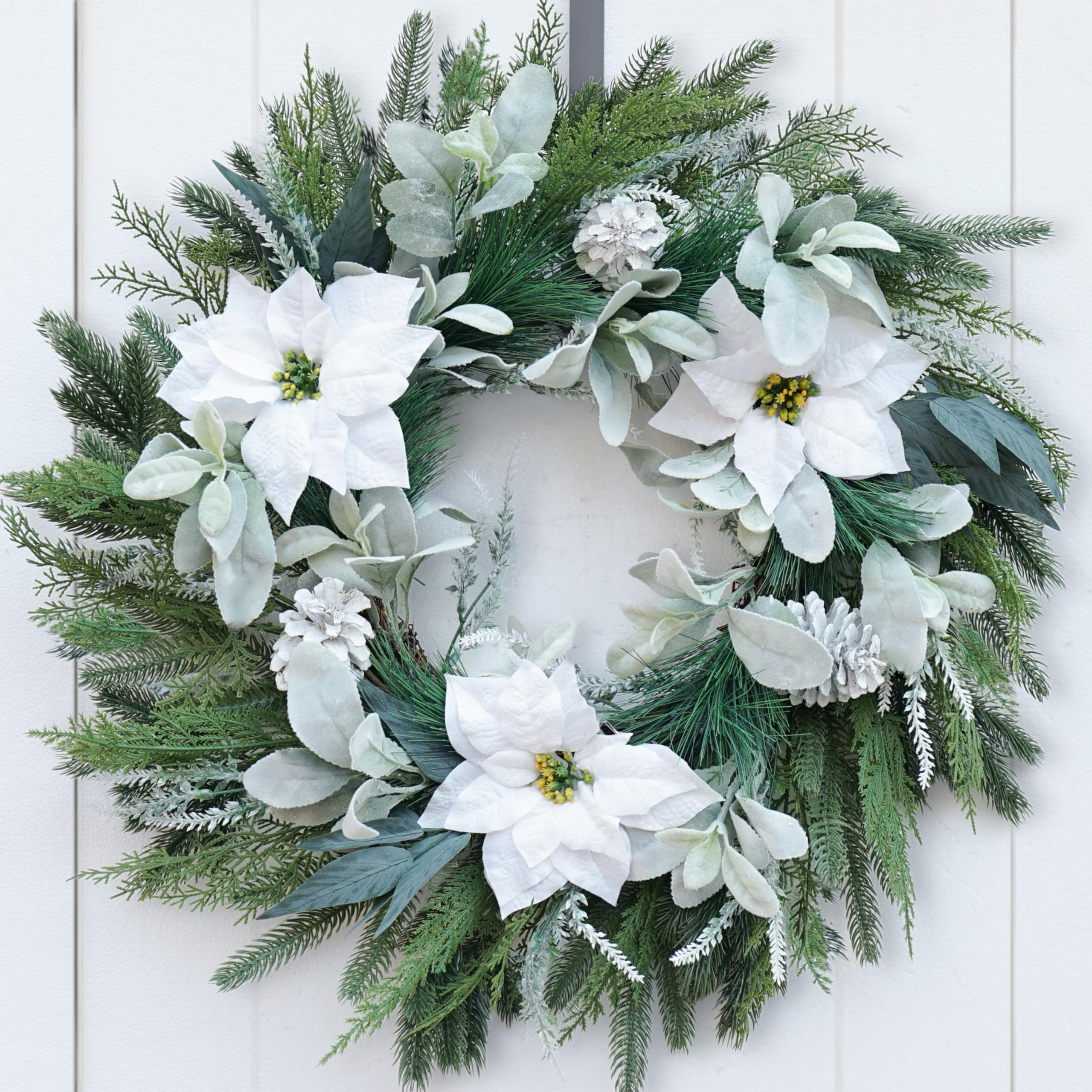 Soomeir All-Season Wreath for Front Door - Spring Summer Fall Winter Decor with Pine Cones & White Flowers - Indoor/Outdoor Hanging Decoration for Home, Porch, and Holiday Decorations