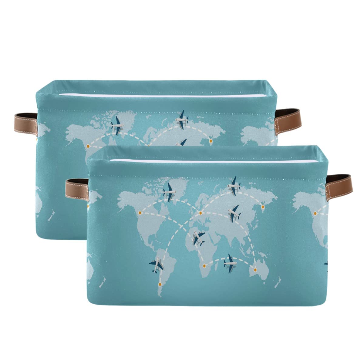 Foldable Storage Bins Cube Basket - World Map Airplanes Design Closet Shelf Organizer with Dual Handles - Perfect for Bedroom, Closet, Office & Kids Room Organization