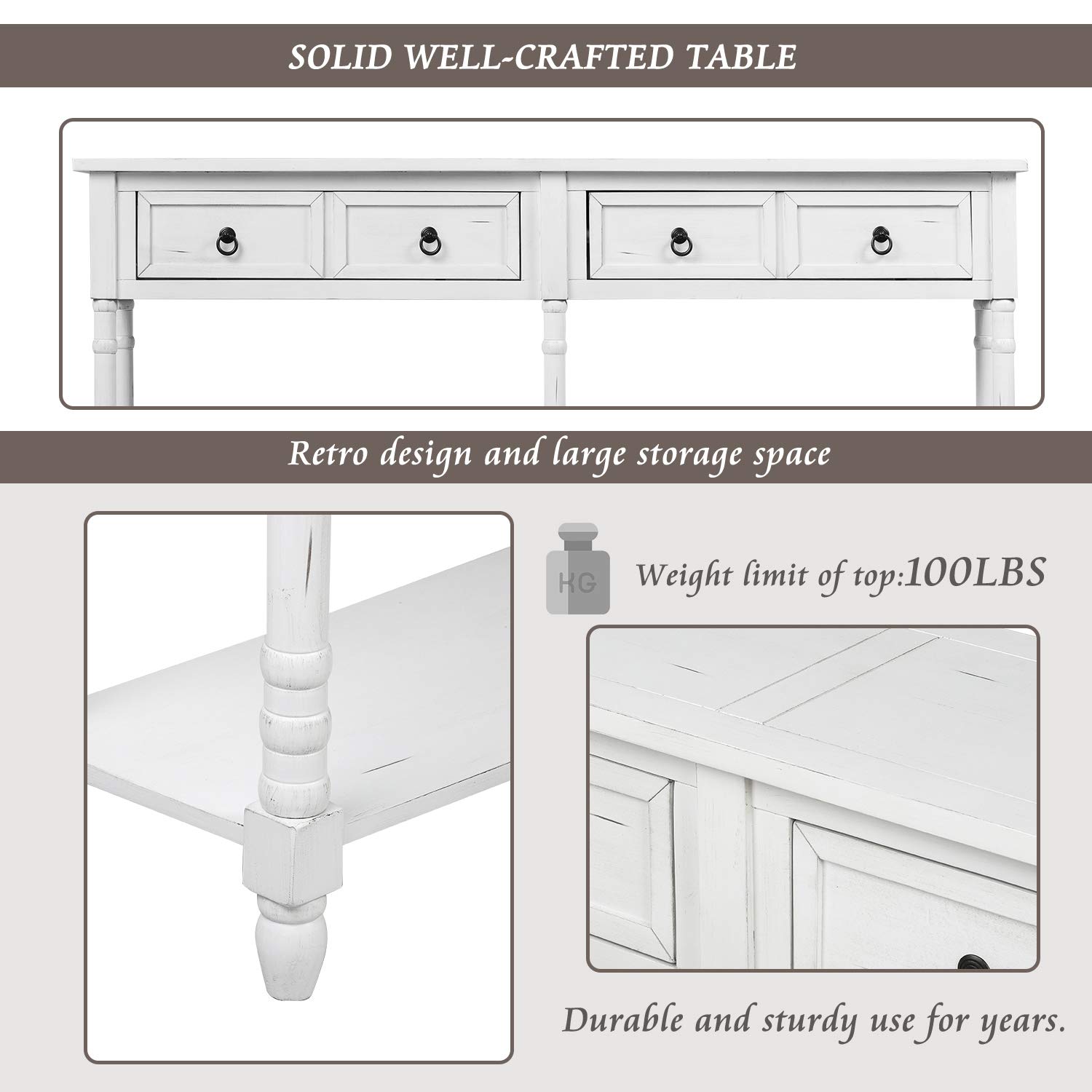 Solid Wood Console Table with Storage Drawers & Shelf - Antique White Sofa Table for Entryway, Living Room, Hallway - Perfect for Home Decor, Organizing Keys & Mail, Displaying Decor Items