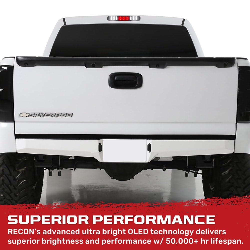 RECON Smoked 3rd Brake Light Kit with Red & White LED Lights - Compatible with 1999-2006 GMC Sierra & Chevy Silverado 1500/2500/3500 Models - Smoked Lens for Enhanced Style & Visibility - Perfect for Off-Roading, Truck Upgrades & Night Driving