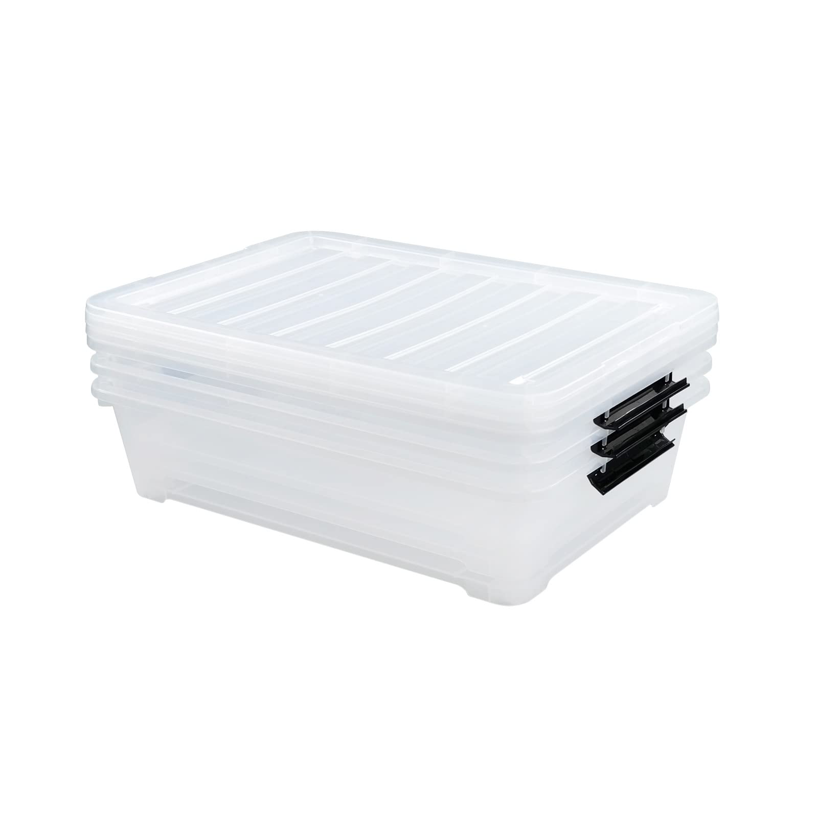 40 Quart Clear Plastic Underbed Storage Box with Wheels - Set of 3 Large Shallow Organizers for Clothes, Shoes, Toys & Seasonal Items - Space Saving Bedroom & Closet Storage Solution