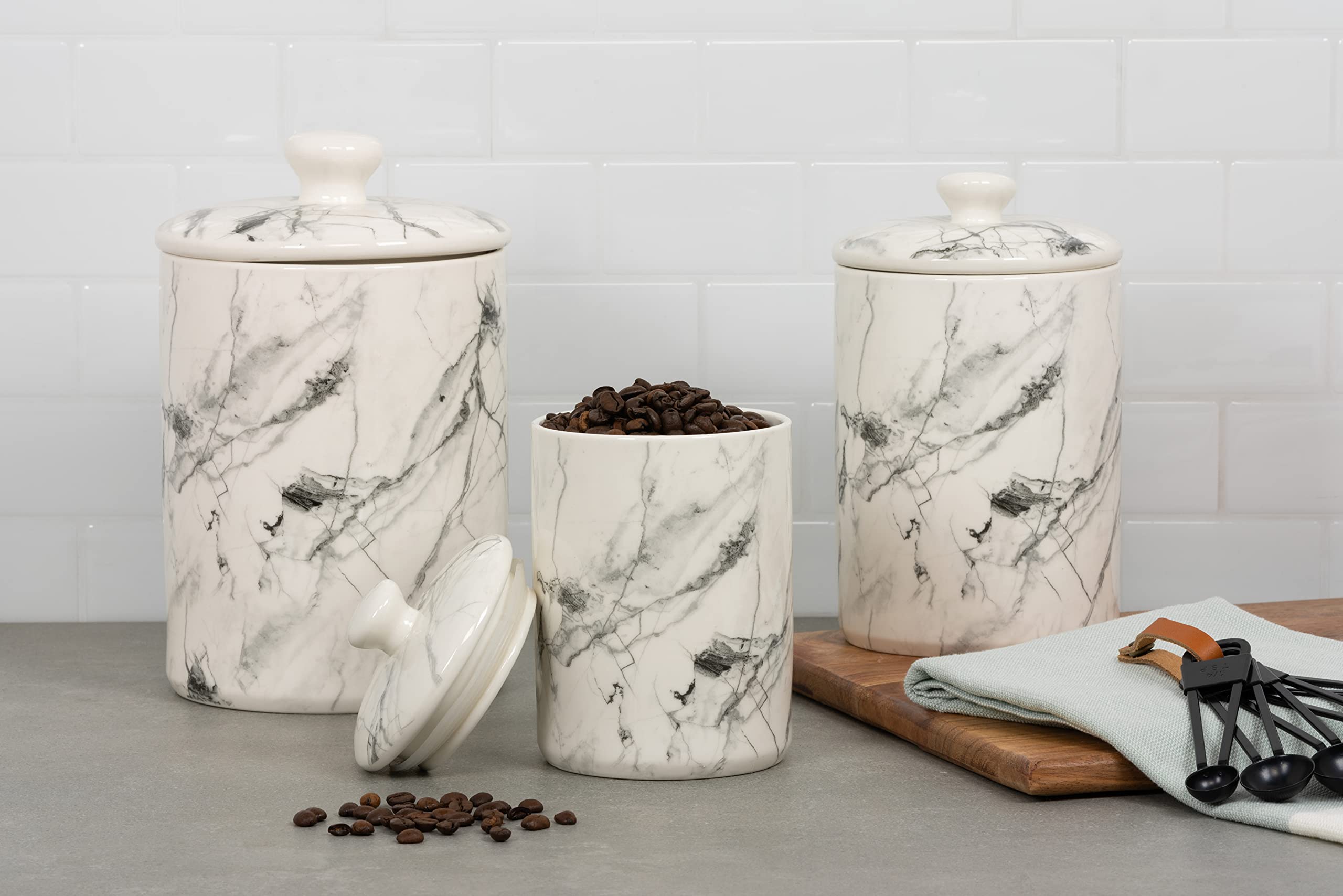 10 Strawberry Street Marble Kitchen Canister Set - 3 Piece Airtight Food Storage Containers for Flour, Sugar & Coffee | Modern Countertop Organizer for Pantry & Baking Essentials