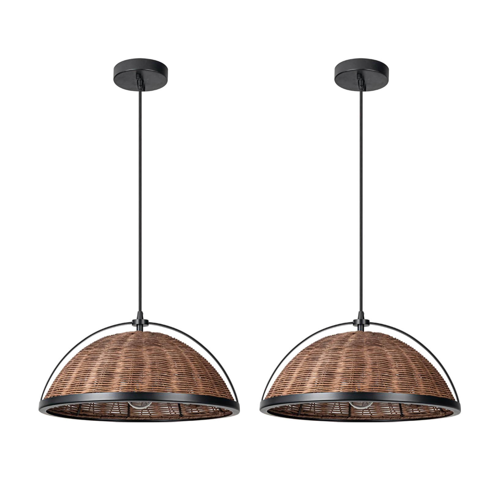 Handmade Woven Rattan Half Round Pendant Light Fixture - 2 Pack Adjustable Farmhouse Bohemian Hanging Lights for Kitchen Island, Dining Room, Bar & Bedroom - Natural Wicker Chandelier for Modern Boho Home Decor
