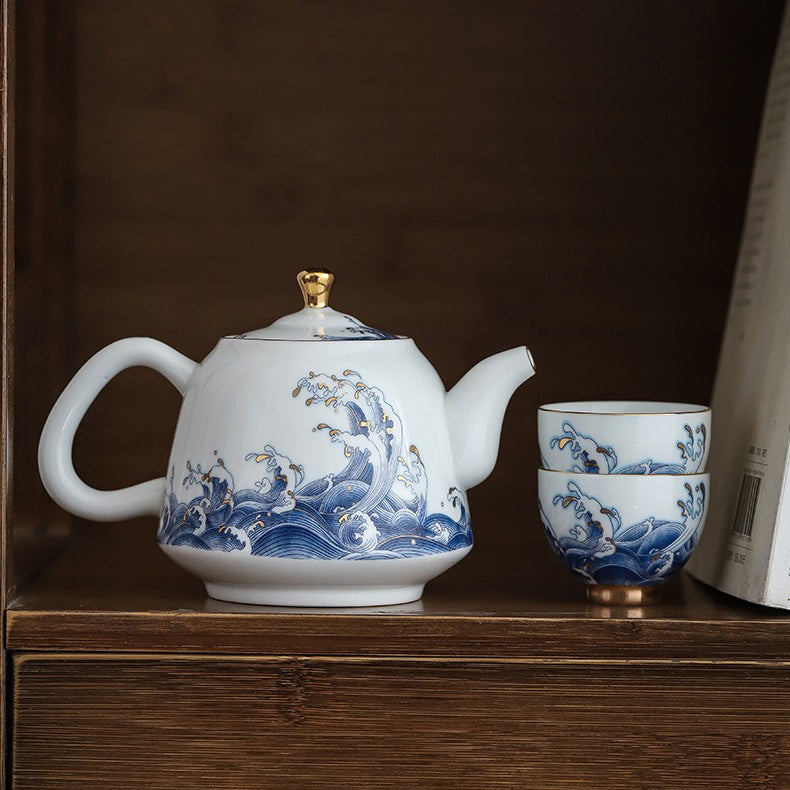 Premium Chinese Sea Wave Ceramic Teapot with 24K Gold Trim - Elegant Tea Brewing for Home, Office & Gift Giving