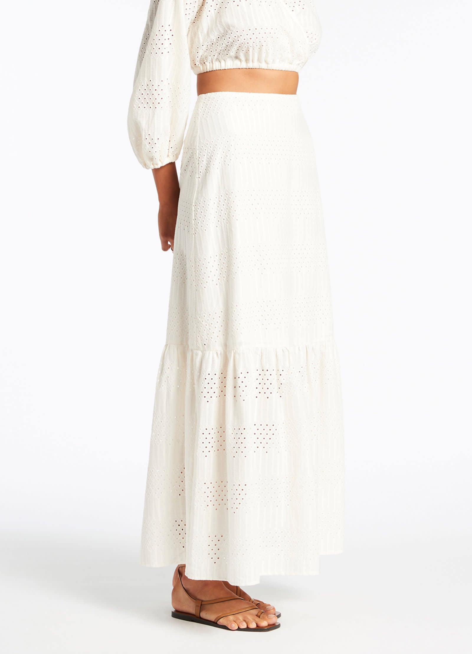 Elegant Broderie Tiered Maxi Skirt for Women - Flowy Boho Summer Skirt in Cream | Perfect for Beach Vacations, Music Festivals & Casual Outings