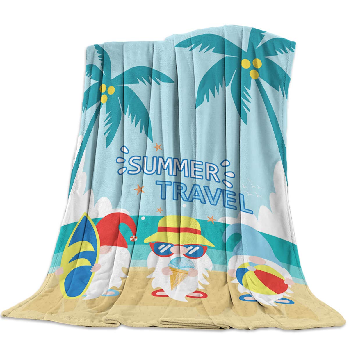 Millxiu 40x50 Inch Soft Plush Fleece Throw Blanket - Cozy Warm Fuzzy Flannel Blanket for Bed, Sofa & Couch - Lightweight Summer Beach Blanket with Surfing Sea Gnome Design - Perfect for Indoor Lounging, Outdoor Picnics & Coastal Decor