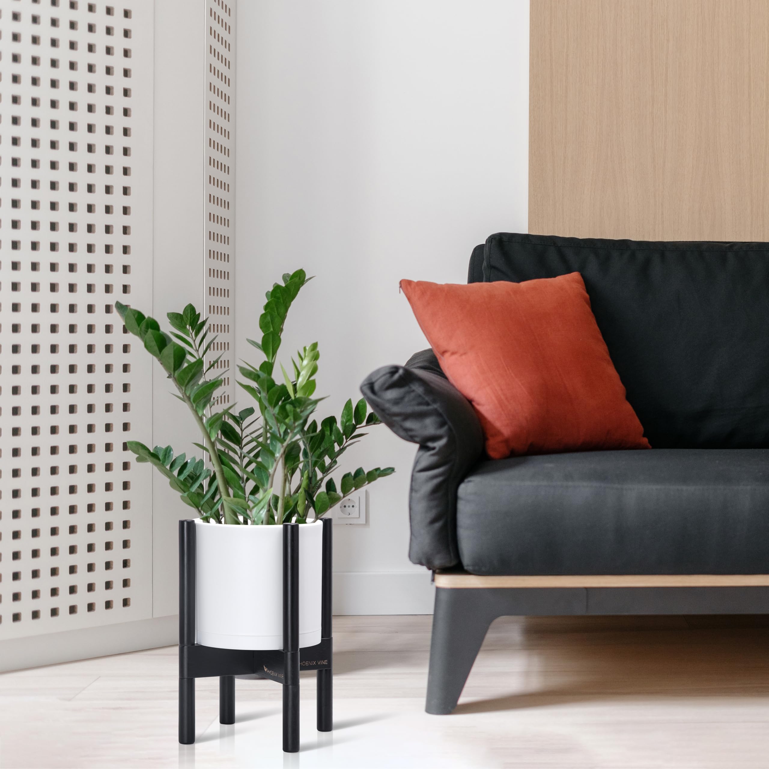 D'vine Dev 8 Inch Plastic Cylinder Flower Pot with Wood Stand - Modern Matte White Planter + Ebony Holder for Indoor Plants, Succulents, Herbs - Perfect for Home, Office, Living Room Decor