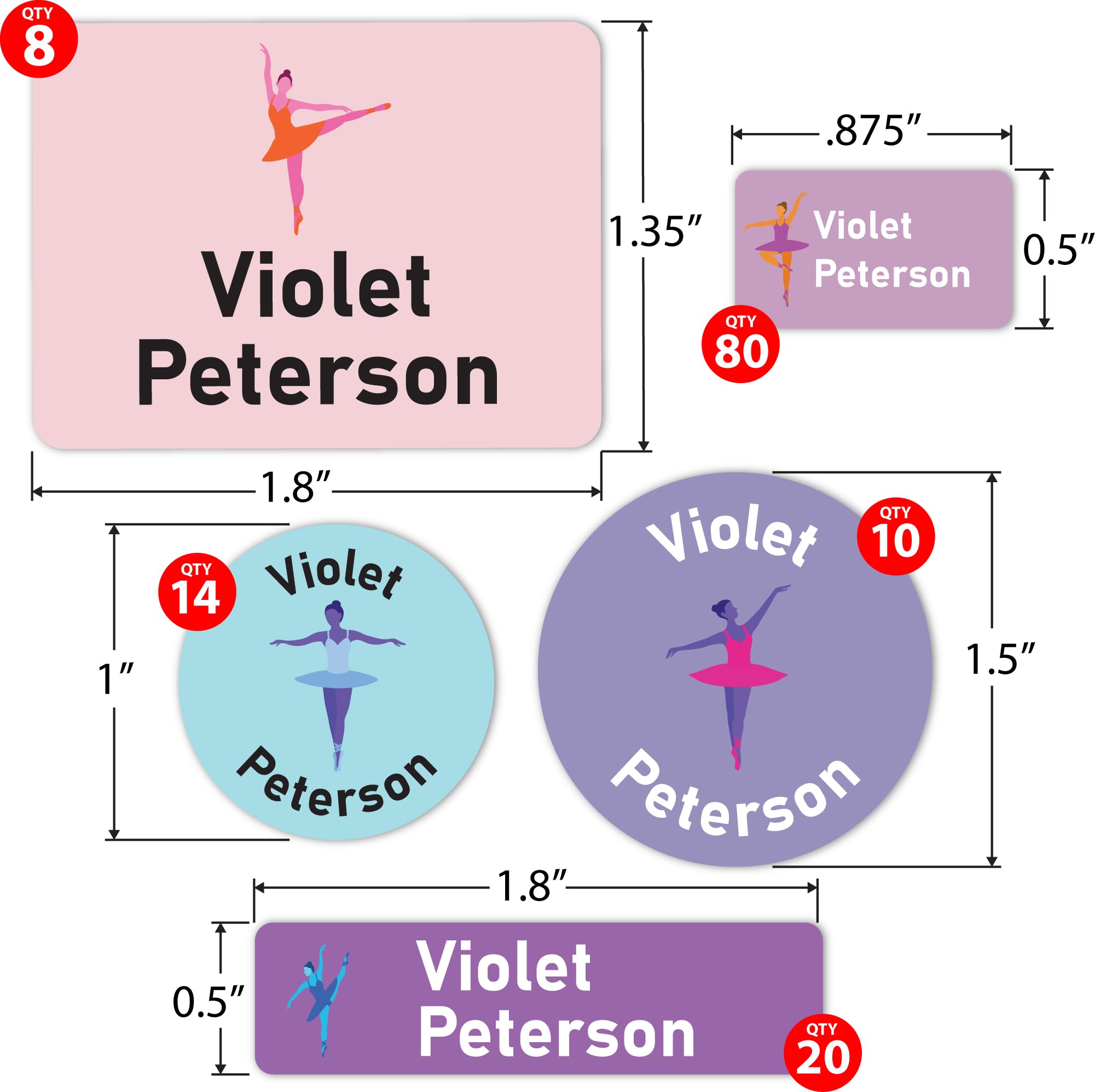 130 Personalized Kids Name Stickers - Durable Vinyl Name Labels for Water Bottles, School Supplies & Clothing - Perfect for Daycare, Camp & Back-to-School Organization (Dancer Design)