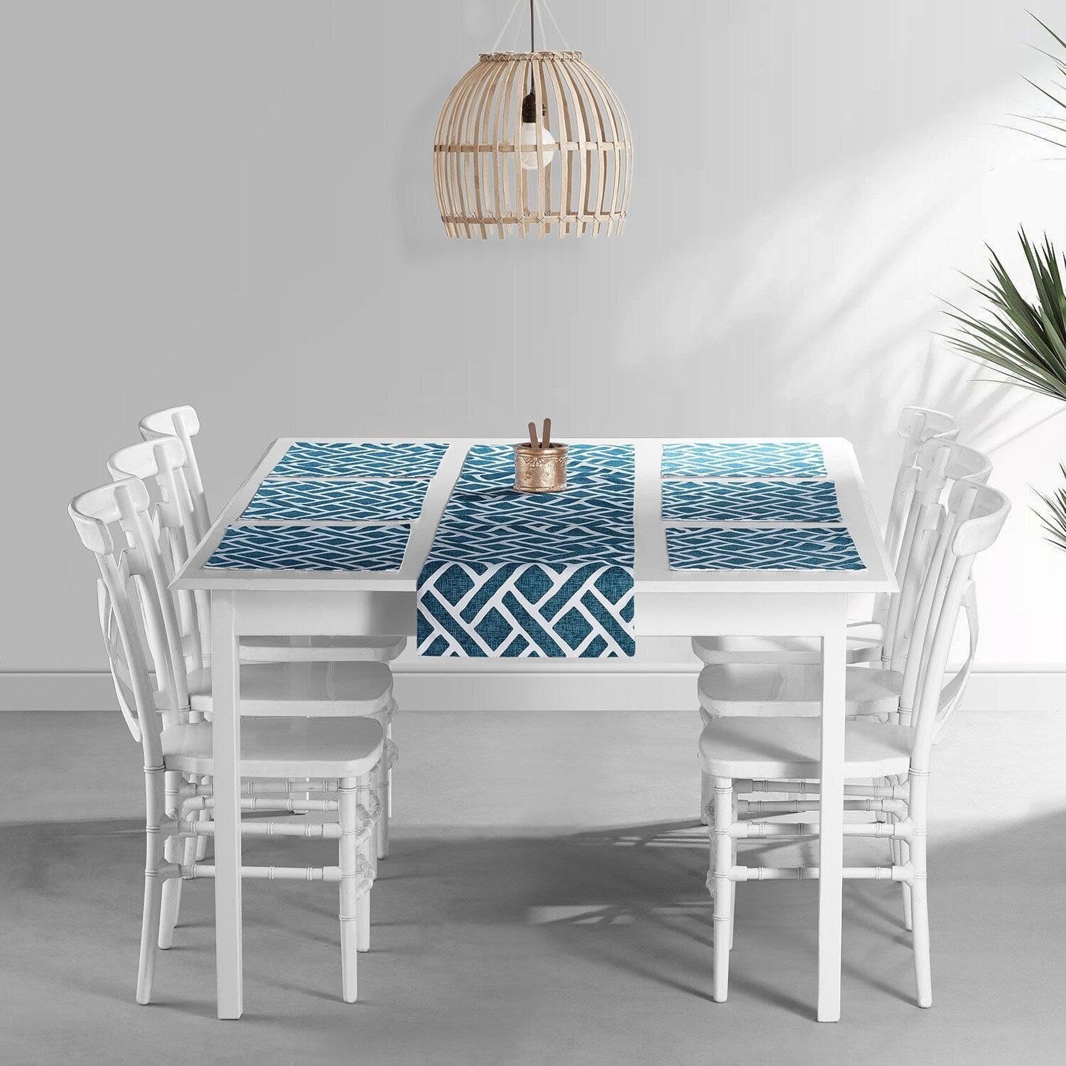 Martinique Blue Geometric Printed Cotton Table Runner & Placemats Set - Elegant Dining Table Decor for Weddings, Parties, and Holiday Gatherings