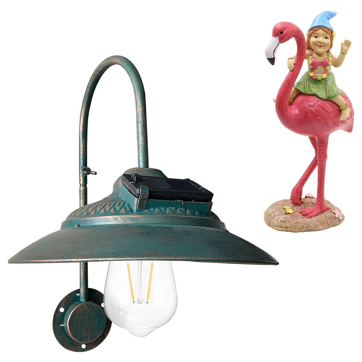 Goodeco Solar-Powered Barn Light & Gnome Riding Flamingo Statue - Unique Outdoor Decor for Patio, Garden, Courtyard | Perfect Gift Idea for Home Decoration & Landscape Lighting