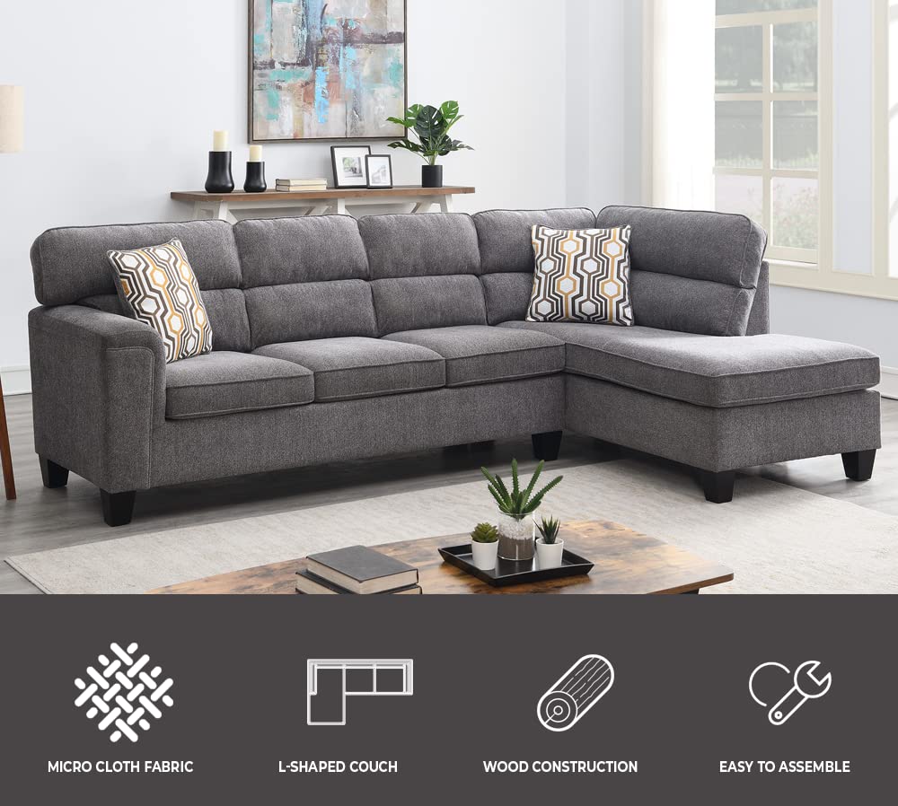 Modern L-Shaped Sectional Sofa with Reversible Chaise - 5-Seat Modular Upholstered Couch with Memory Foam & Tufted Microfiber Fabric - Grey by Oliver & Smith - Perfect for Living Rooms, Family Rooms and Home Theater Seating