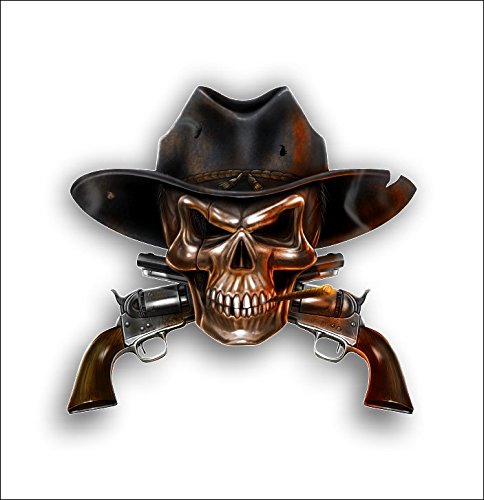 Cowboy Skull with Guns Sticker - Western Style Vinyl Decal for Laptops, Cars, Motorcycles & DIY Projects - Perfect for Bikers, Truckers & Western Decor