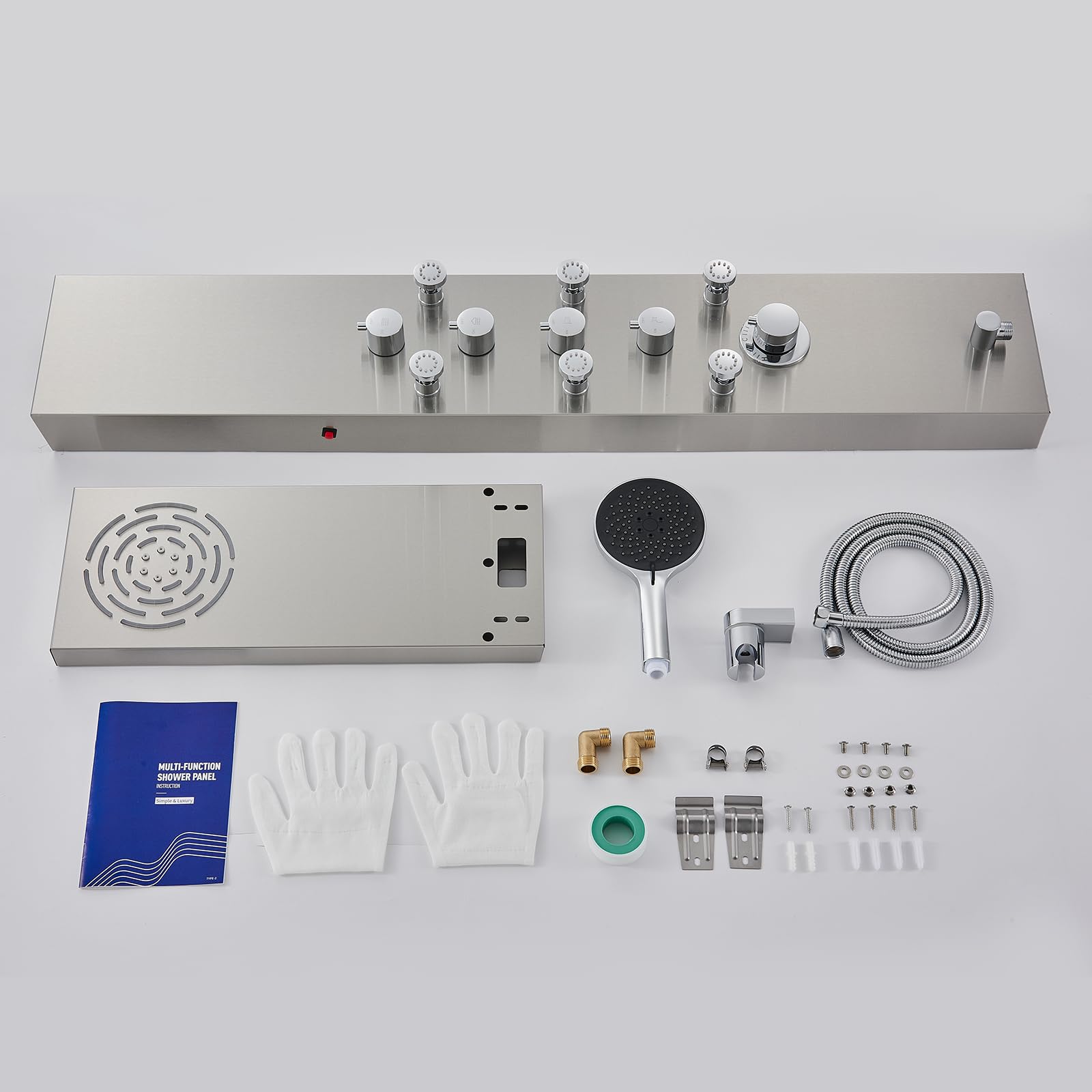MENATT 4-in-1 LED Shower Panel Tower System with Rainfall Shower Head, Body Massage Jets, Handheld Shower & Tub Spout - Brushed Stainless Steel for Spa-Like Bathroom Experience