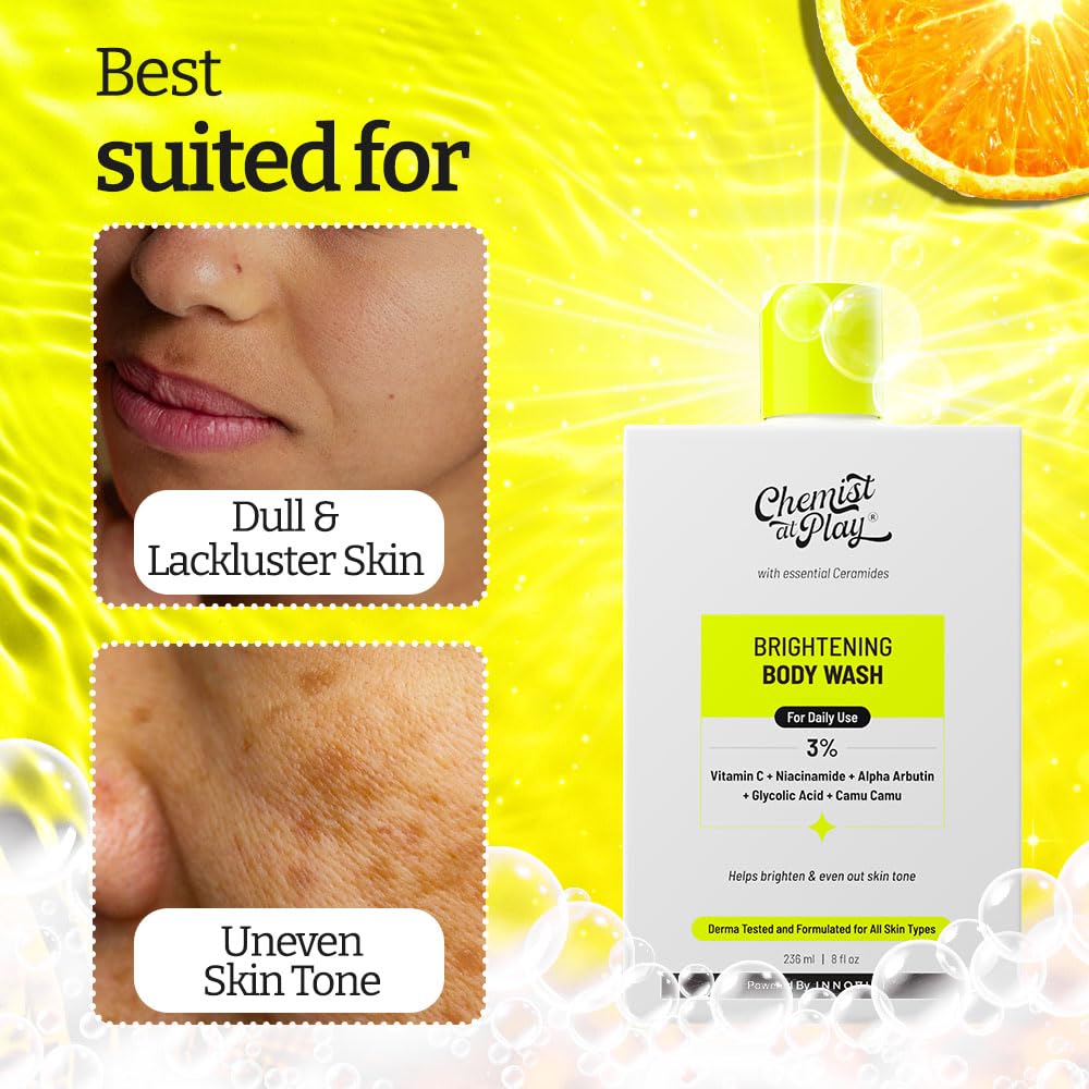 Brightening Body Wash with Vitamin C & Alpha Arbutin - Glowing Skin Bodywash for Women & Men - Reduces Dark Spots & Evens Skin Tone - 30X Vitamin C & Camu Camu Extract - 8oz/236ml - Perfect for Daily Shower & Post-Workout Skincare Routine