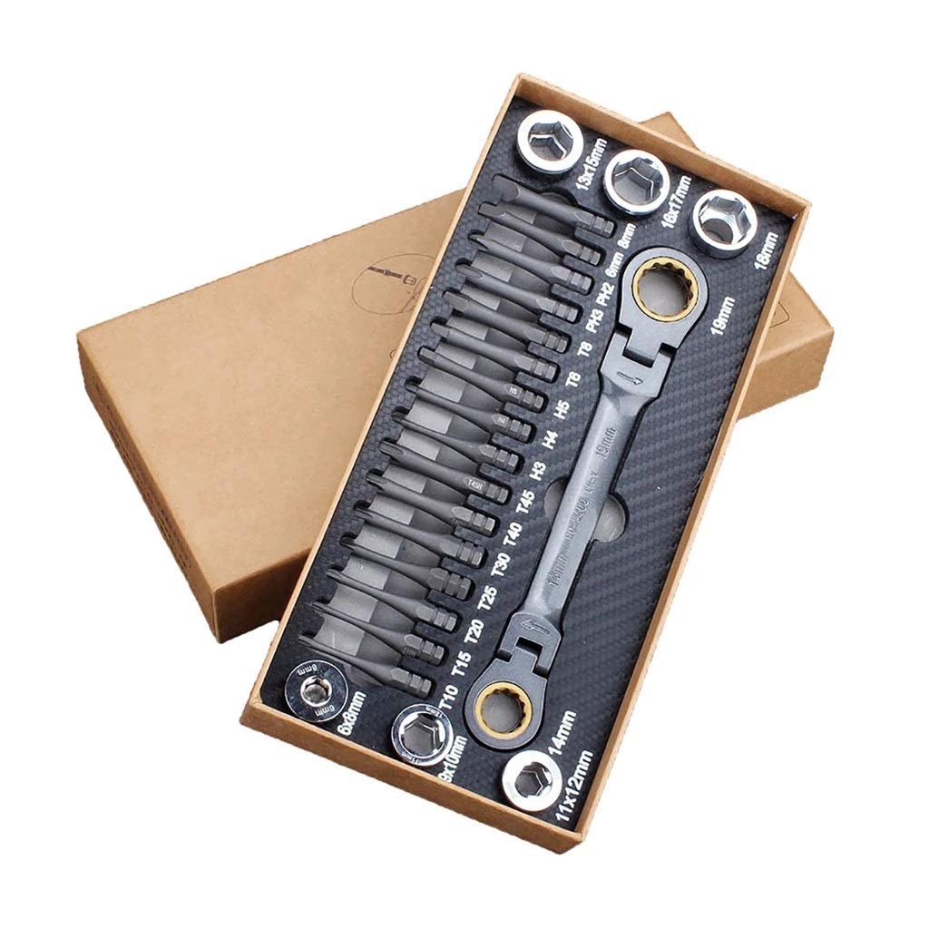 WDBBY 23-Piece Ratchet Wrench Set - Flexible Head Ratchet, Double Box Wrench & Socket Screwdriver Bits - Professional Automotive Repair Tools for Mechanics & DIY Car Maintenance