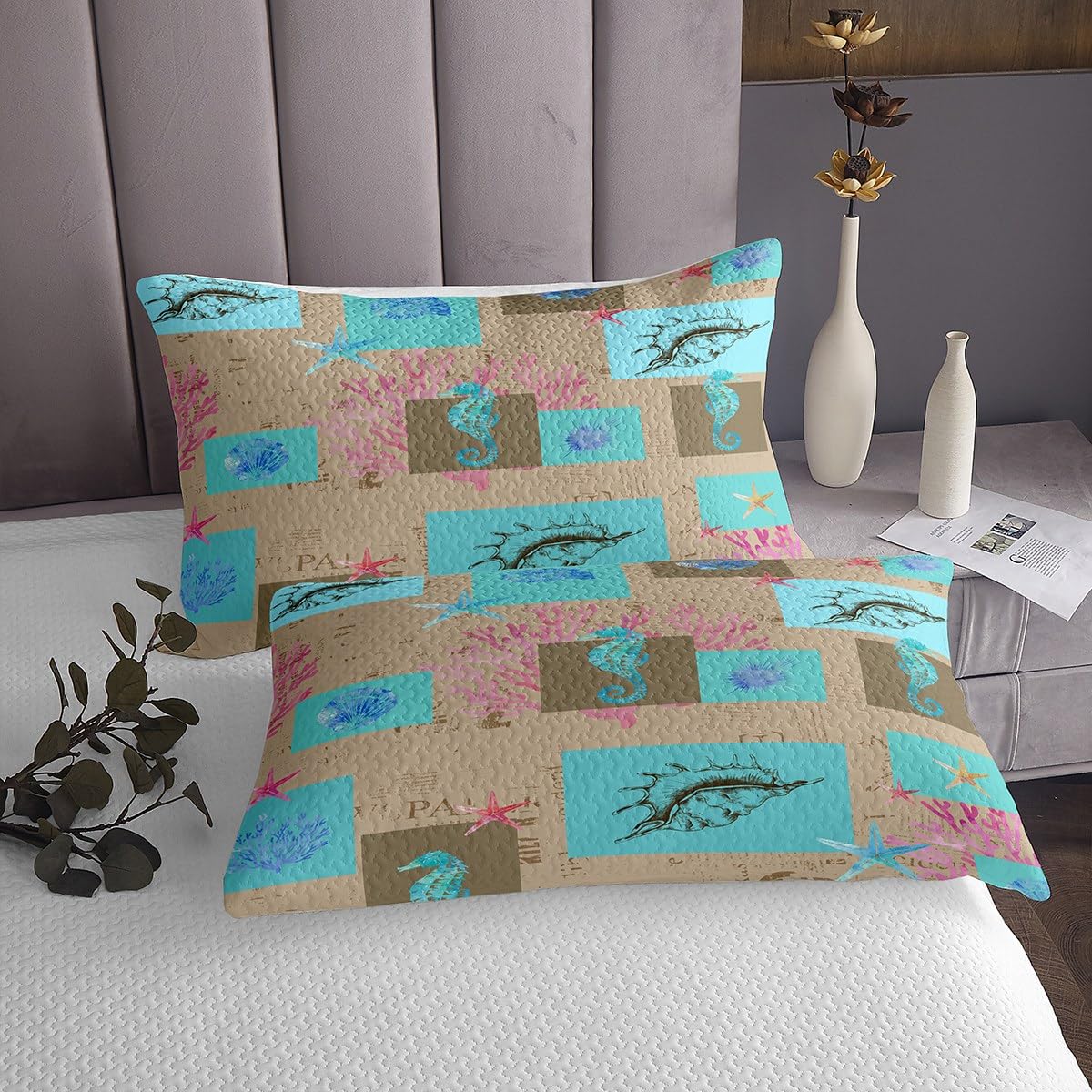 Erosebridal Seashell Beach Bedding Set - Queen/Full Size 100% Cotton Underwater Theme Comforter with Cartoon Fish & Seaweed Design - 3 Piece Quilted Coverlet Set with Shams - Perfect for Coastal Themed Bedrooms, Beach House Decor & Ocean Lovers