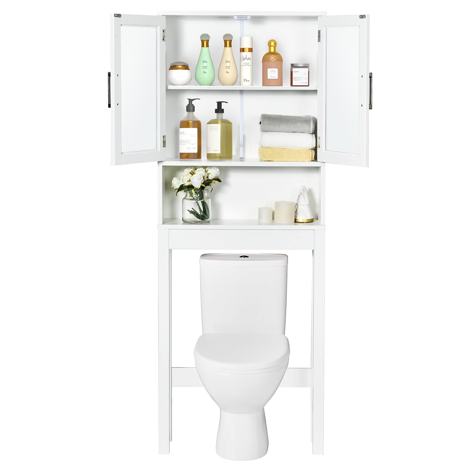 WATERJOY Over The Toilet Storage Cabinet - White Bathroom Organizer with 2 Tempered Glass Doors | Space-Saving Toilet Shelf for Bath Towels, Toiletries & Cleaning Supplies | Perfect for Small Bathrooms & Apartment Living