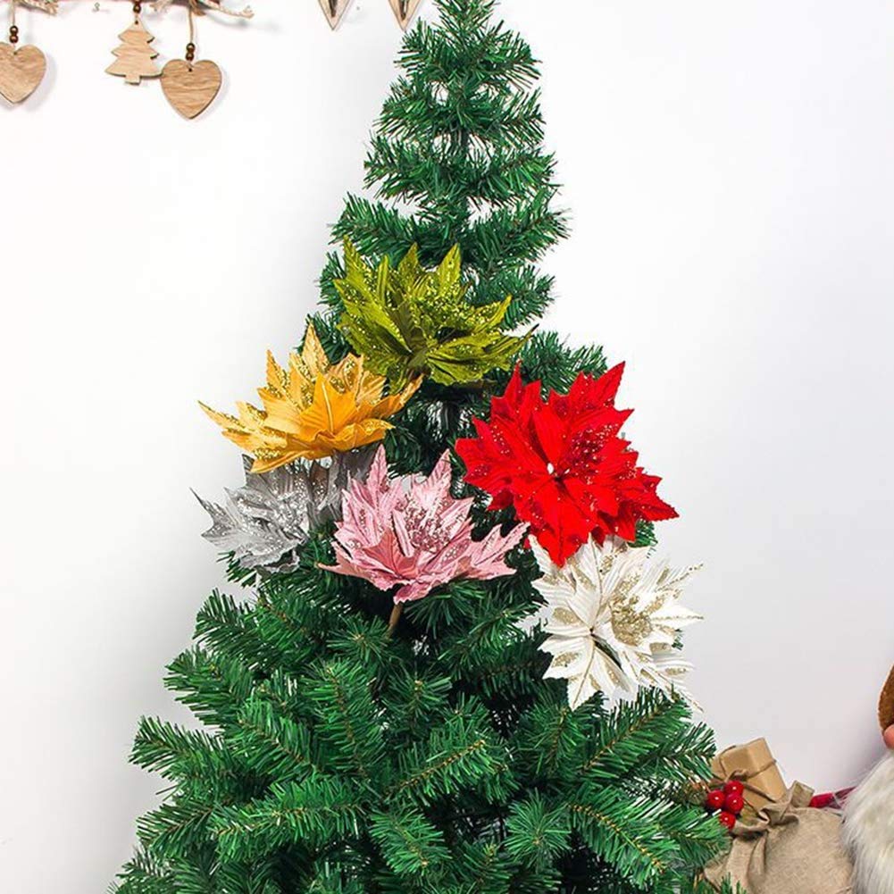 6-Piece Large Glitter Poinsettia Artificial Flowers Set - 9
