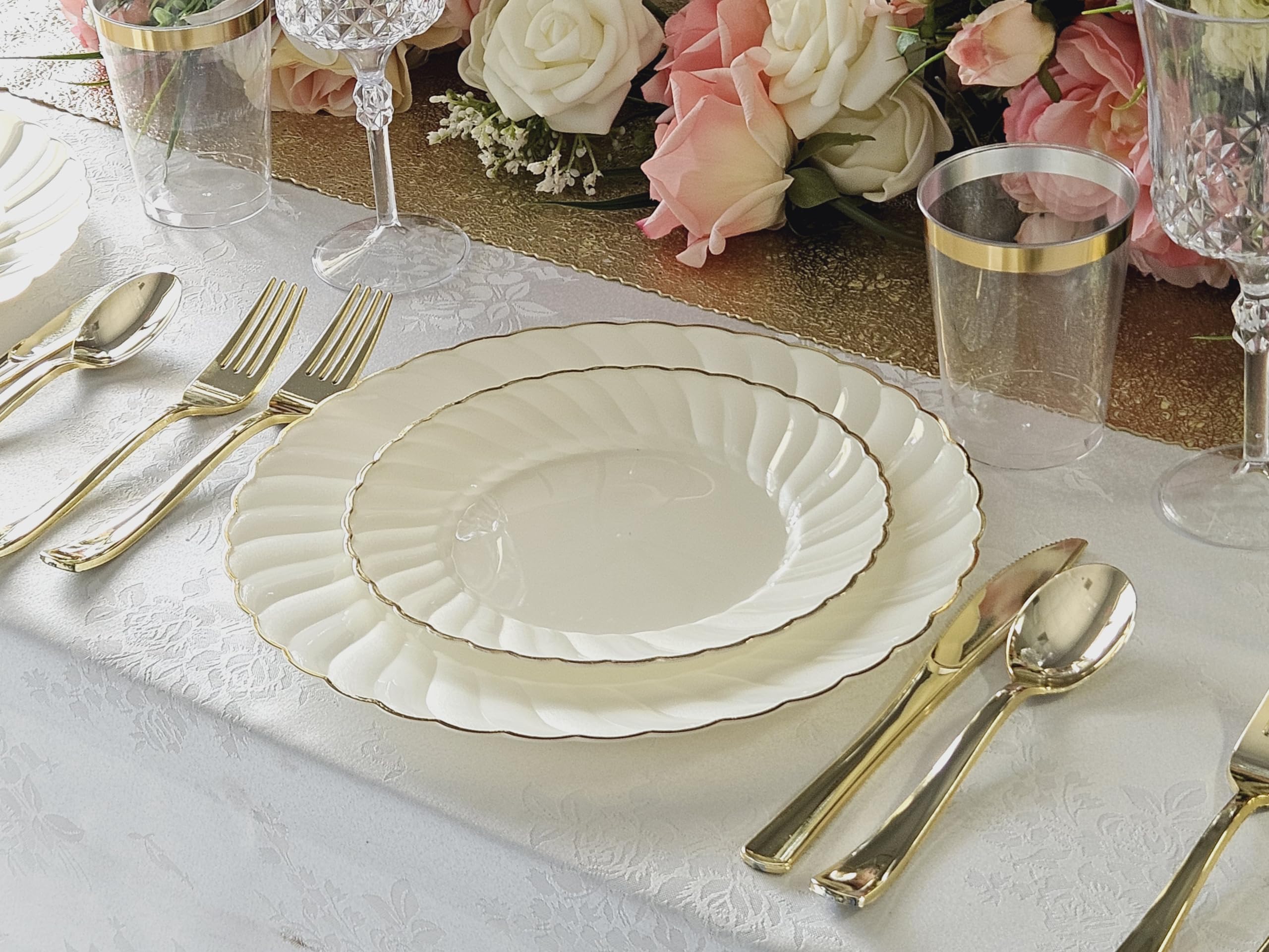 240-Pack Vintage Wedding Disposable Plastic Plates Set - 120 x 10.25'' Dinner Plates + 120 x 7.5'' Salad/Dessert Plates in Blossom Ivory & Gold | Perfect for Weddings, Parties, Bridal Showers & Special Events