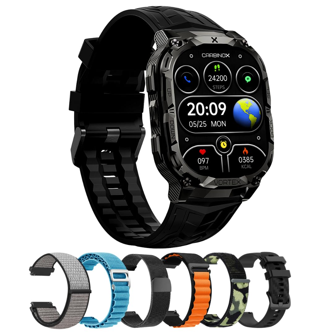 CARBINOX Vortex Smart Watch with 6 Interchangeable 22mm Bands - Rugged Military-Grade Fitness Tracker, IP69K Waterproof, 14-Day Battery Life - Compatible with Android & iOS Phones for Outdoor Sports, Gym Workouts & Daily Activity Tracking