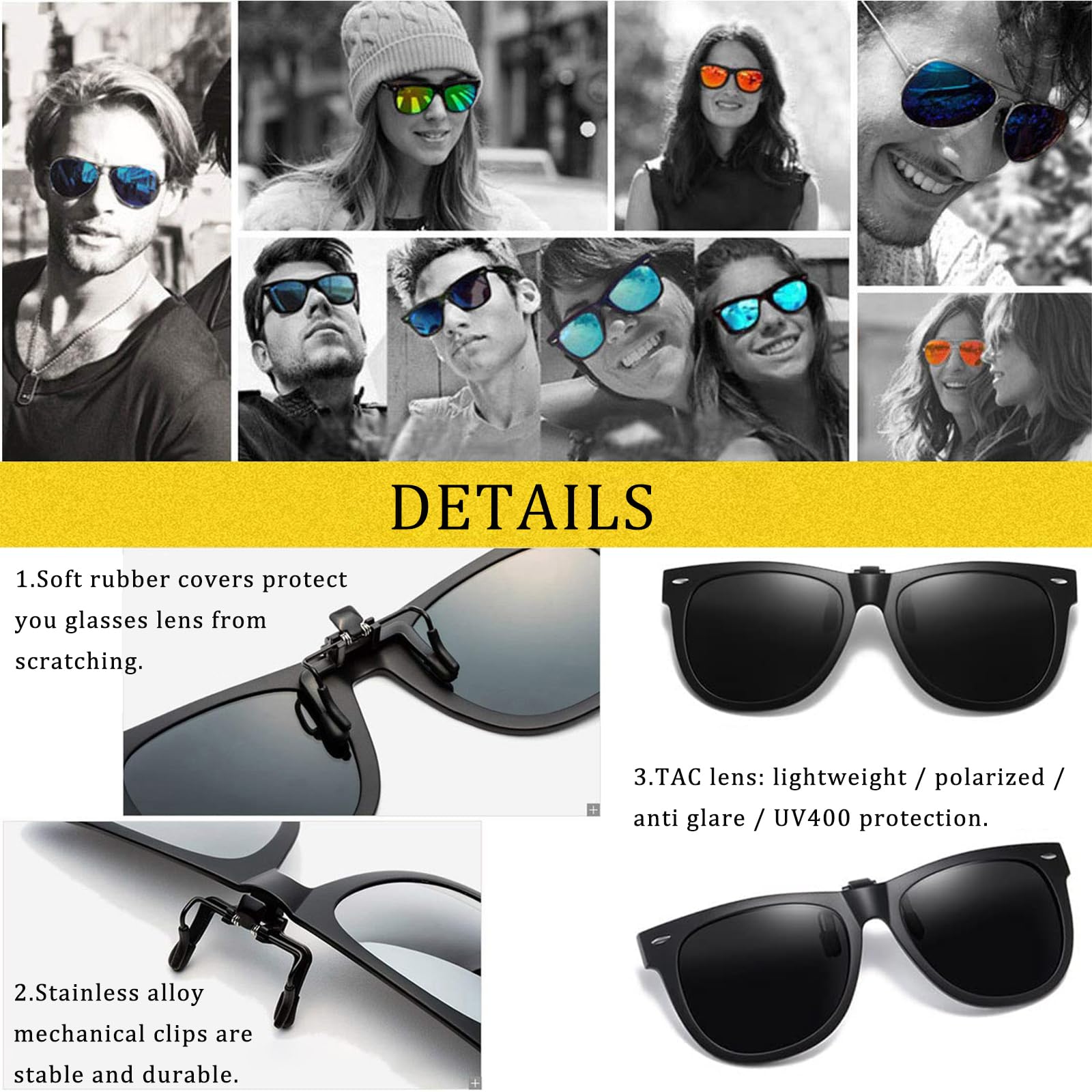 Polarized Clip-On Sunglasses for Prescription Glasses - Anti-Glare UV Protection Flip-Up Sun Shades for Driving, Fishing & Outdoor Activities