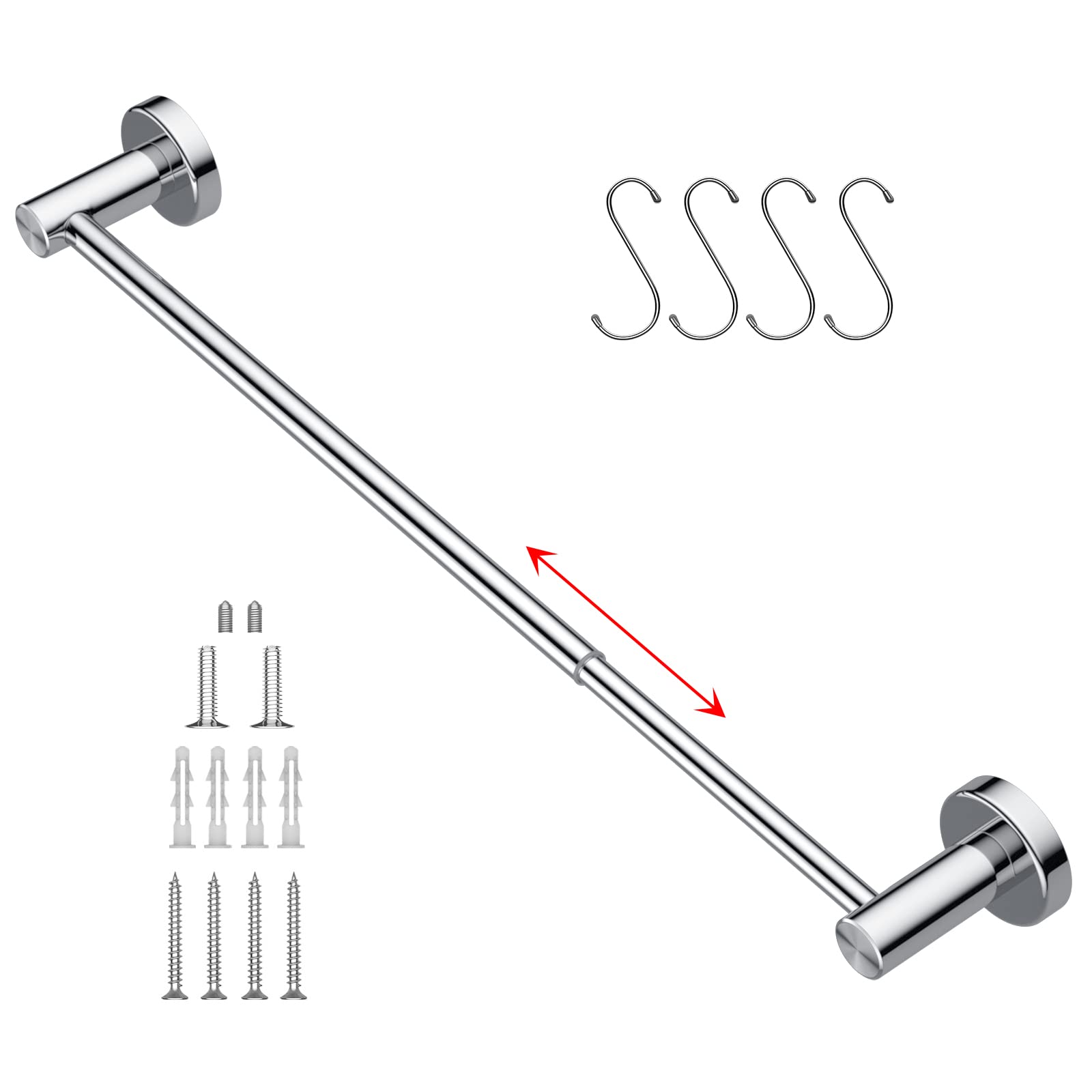 Adjustable Polished Chrome Towel Bar 16-27.6 Inch - iMomwee 304 Stainless Steel Bathroom Towel Rack - Wall Mounted Retractable Towel Rod with S Hooks - Perfect for Small Bathrooms, Vanities & Spa-Style Showers