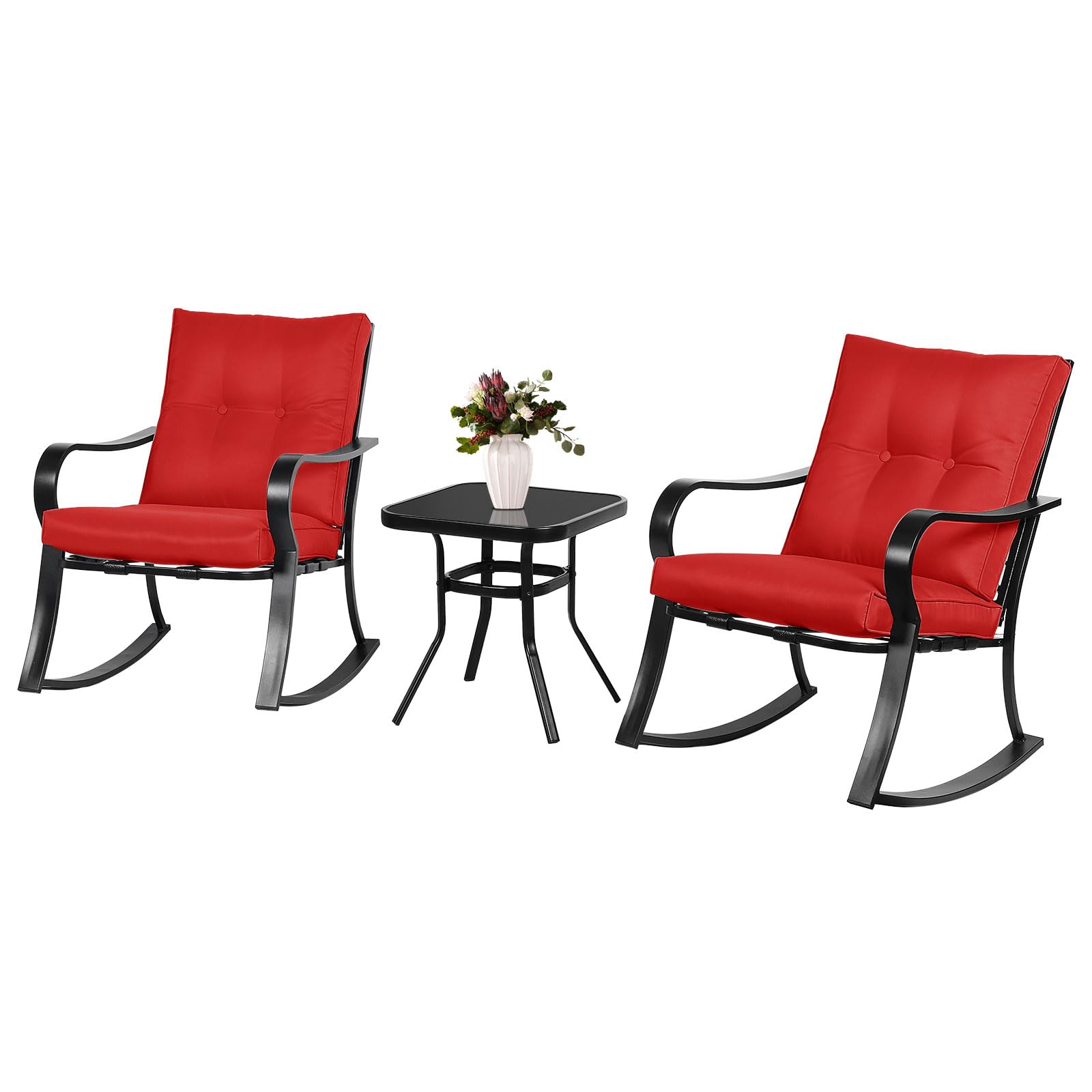 **Crownland 3-Piece Outdoor Rocking Chair Patio Set with Bistro Table & Glass Coffee Table - Black Iron Frame with Thickened Cushions (Red) - Perfect for Garden, Backyard, Porch & Poolside Relaxation**