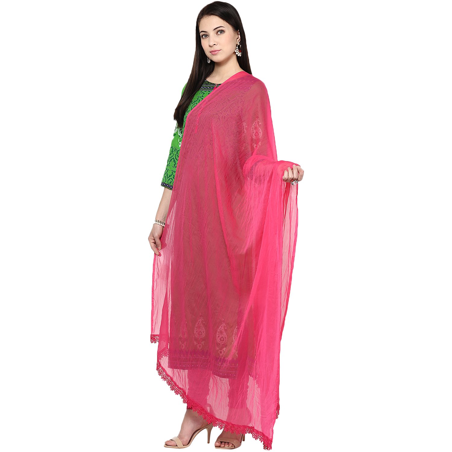 Elegant Solid Pink Chiffon Dupatta with Delicate Lace Trim - Perfect for Weddings, Parties & Traditional Outfits