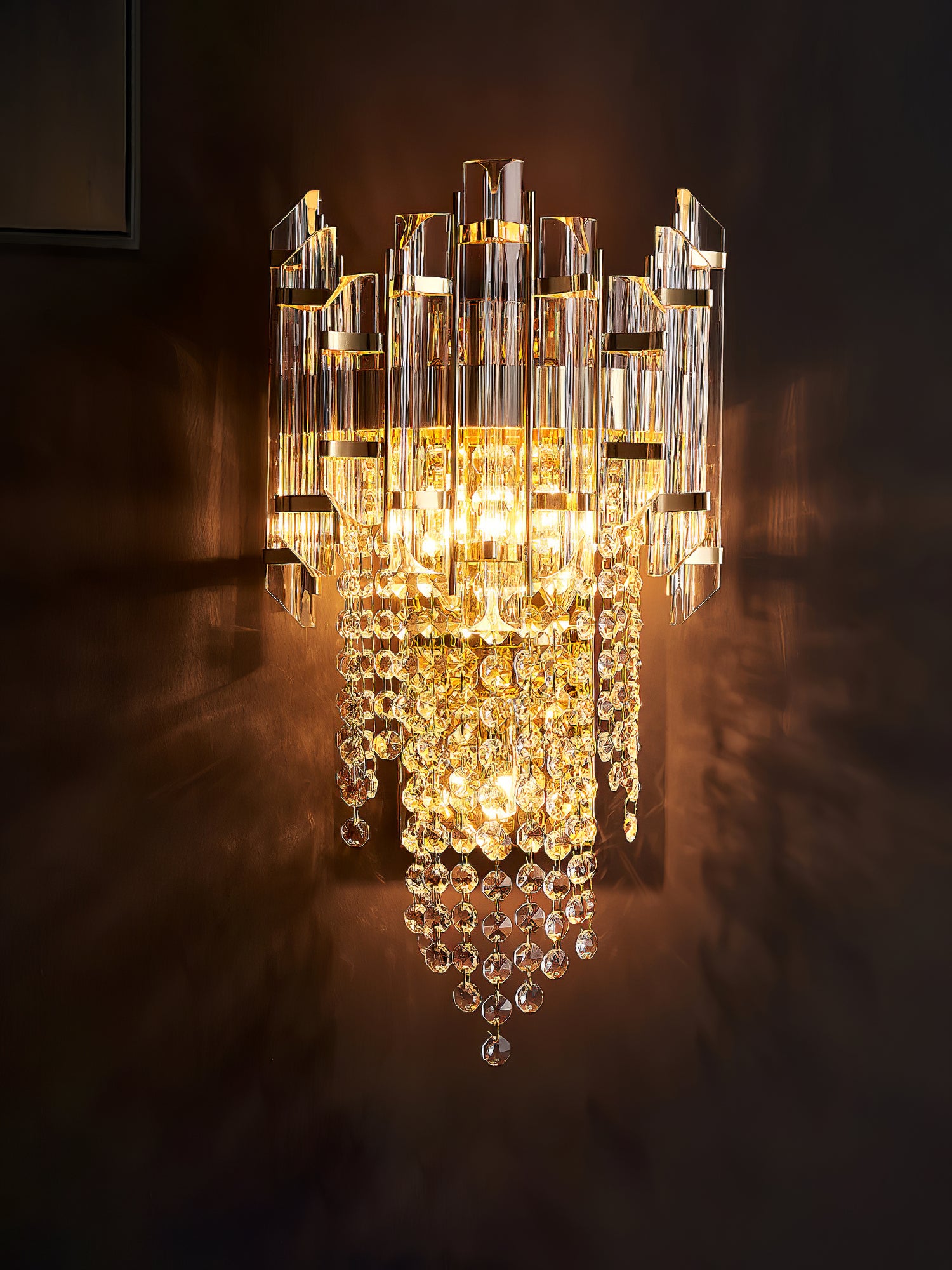 Crystal Tiered Wall Sconce - Elegant Clear Glass Light Fixture for Living Room, Bedroom, or Hallway Decor