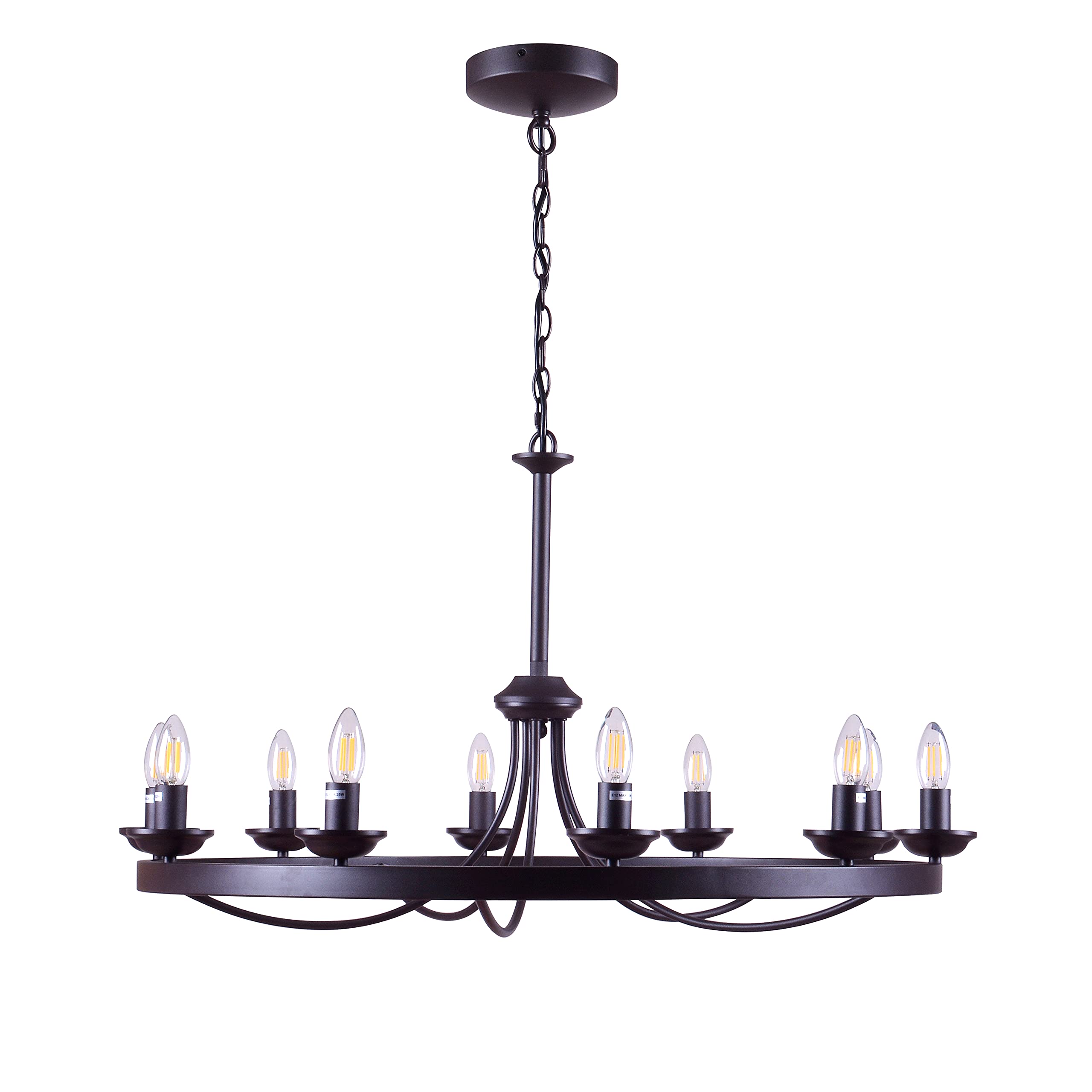 Erica 10-Light Candle Style Wagon Wheel Chandelier - Rustic Farmhouse Ceiling Light Fixture for Dining Room, Living Room & Bedroom Decor