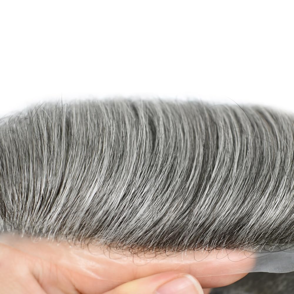 Ultra Thin Skin Toupee for Men - 8x10 Human Hair Toupee System, V-Looped Hairpiece for Hair Replacement, 90% Light Density #1B65 (1B Off Black + 65% Grey) - Natural Looking Hair Prosthesis for Daily Wear & Special Occasions