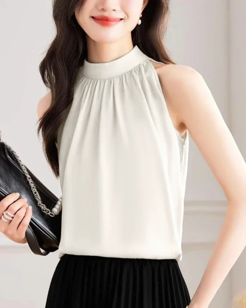 Elegant Mock Neck Sleeveless Silk Blouse for Women - Luxury Breathable Summer Top for Office, Party & Special Occasions