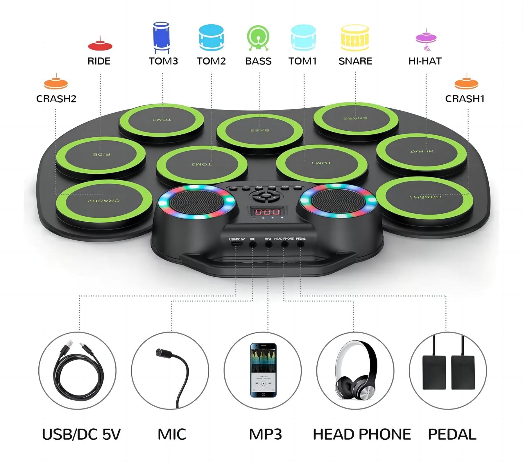 Electronic Drum Set 9Pads with LED Lights & Bluetooth - Portable Roll-Up Drum Pad with Built-in Dual Speakers & Headphone Jack - Perfect Holiday Birthday Gift for Kids & Adults - Ideal for Home Practice, Music Studio & Live Performances