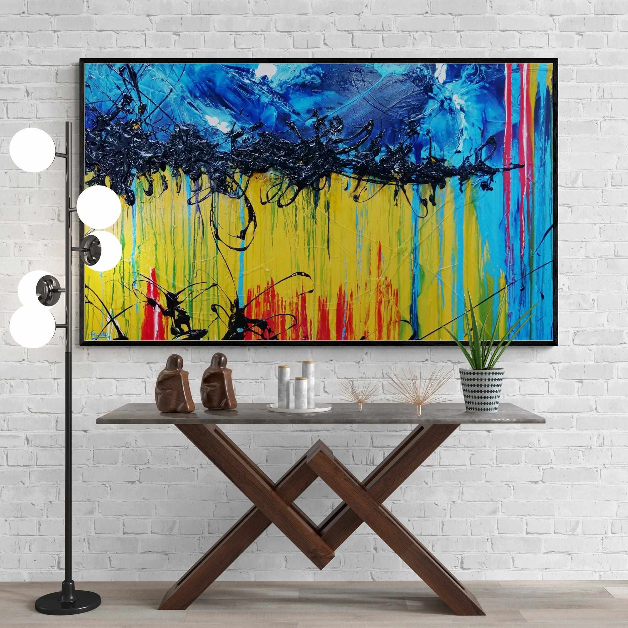 200cm x 120cm Yellow Blue Textured Abstract Canvas Art - Modern Large Wall Painting for Living Room, Bedroom & Office Decor
