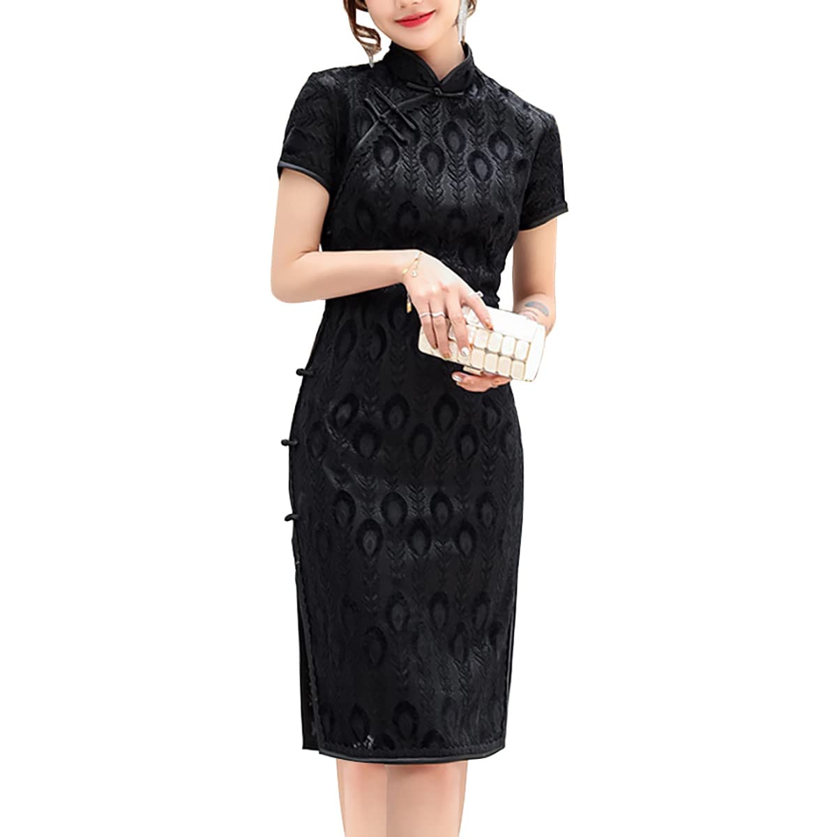 Elegant Floral Lace Cheongsam Qipao Dress for Women - Short Sleeve Mandarin Collar Midi Sheath Dress - Perfect for Weddings, Parties & Special Occasions