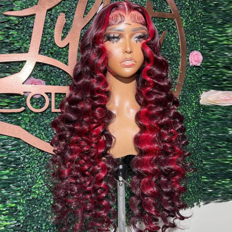 Eullair Burgundy Wine Red Human Hair Lace Front Wig with Crimped Wavy Highlights & Skunk Stripe - Heat Resistant for Styling with Curling Iron, Perfect for Cosplay, Parties & Daily Fashion