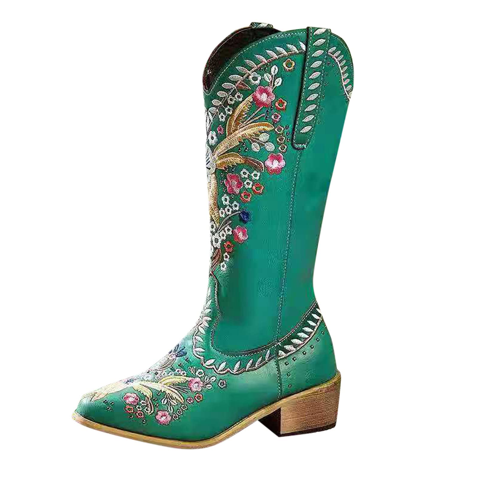Women's Western Knee High Cowboy Boots - Vintage Embroidered Cowgirl Boots with Lace Up & Heel (Green, Size 8) | Perfect for Country Dancing, Rodeos & Western Fashion Outfits