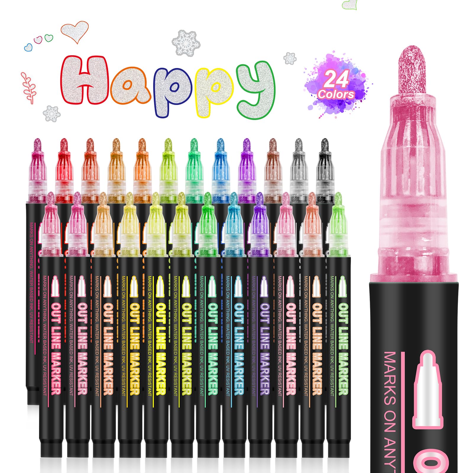 24 Colors Double Line Outline Markers - Metallic Self-Outline Shimmer Markers for Drawing, DIY Art Crafts, Journaling & Card Making | Perfect for Birthday Greetings, Doodling & Creative Projects
