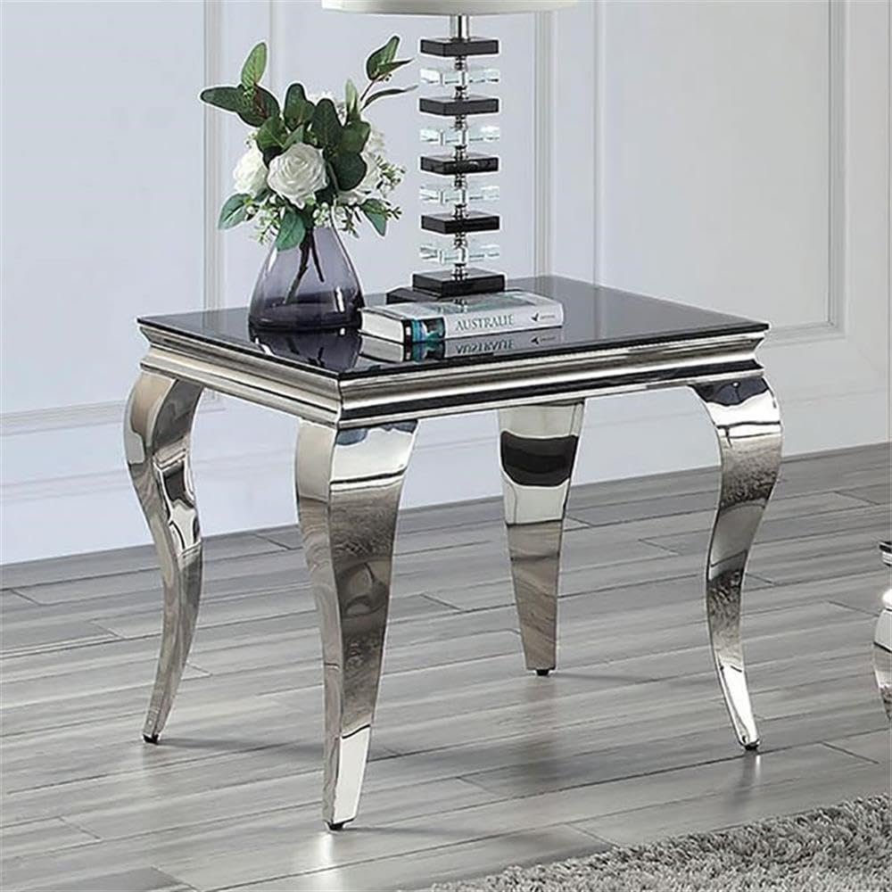 Furniture of America Alang Glam Glass Top End Table - Black & Silver Accent Table for Living Room, Bedroom, or Office Decor