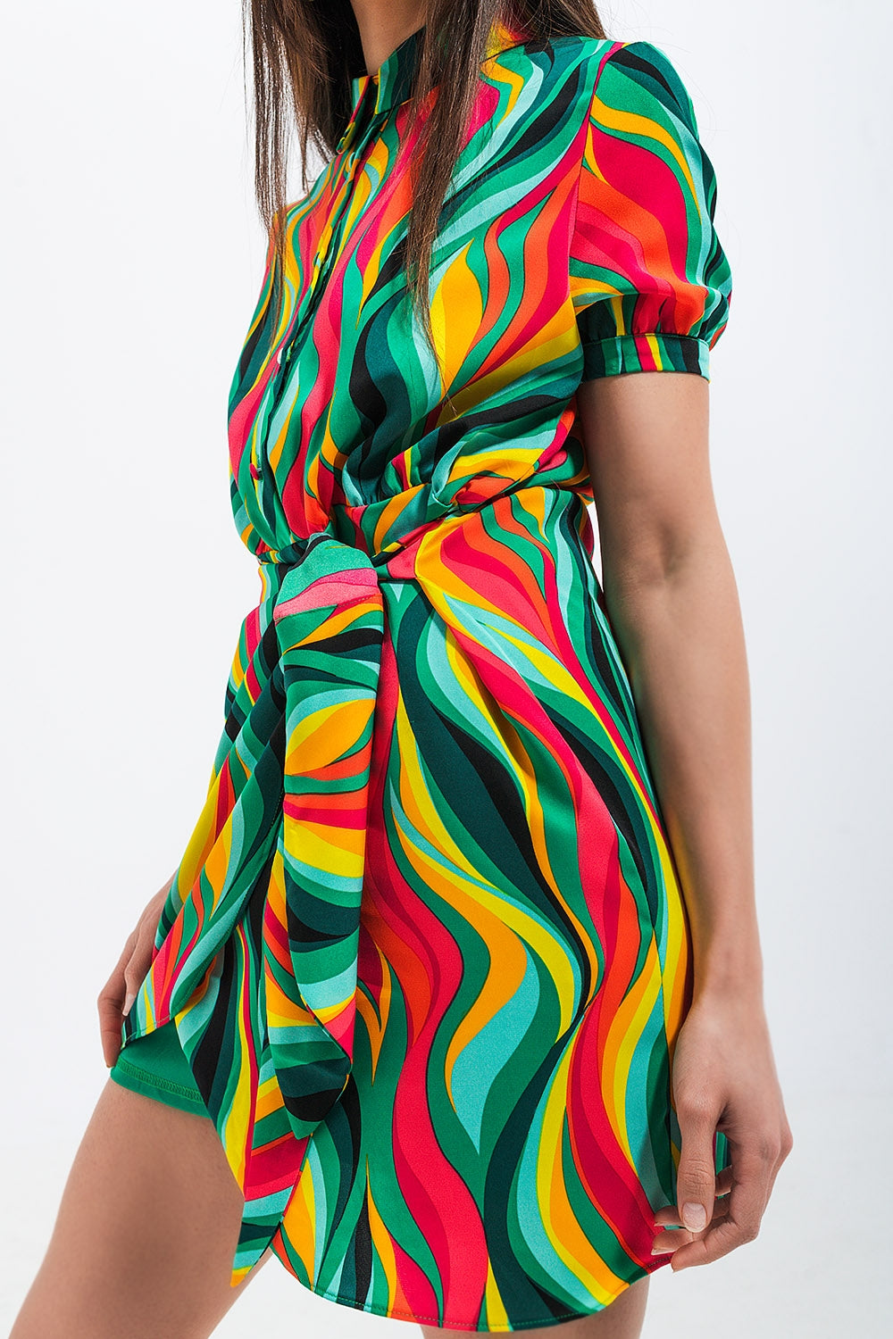 Green Swirl Print Short Wallet Shirt Dress for Women | Casual Summer Outfit & Beach Cover-Up